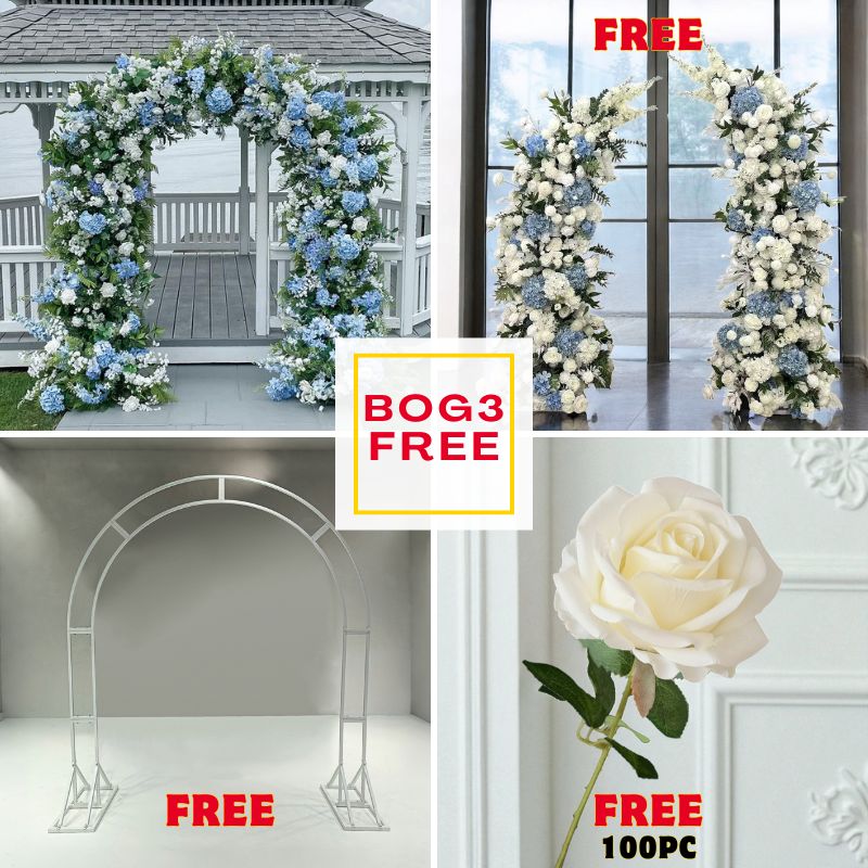 BOG3-Sale: Blue arch + Blue pillars with frame + n-shape arch frame + 100pc white roses