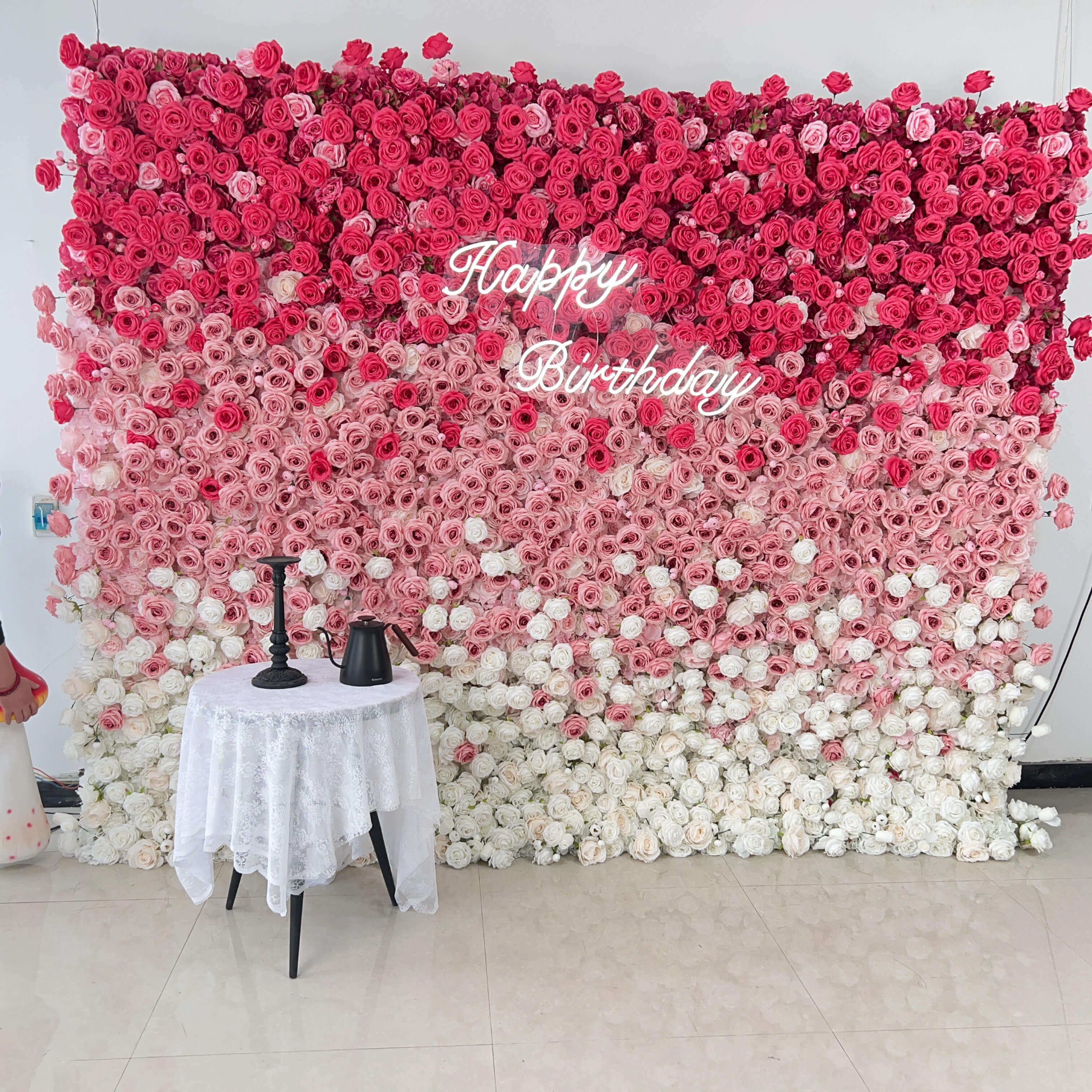 Roseytime 5D Gradient Flower Wall Red Pink Roll Up Fabric Back #RTW246