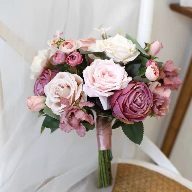 Roseytime Bride/Bridesmaid Bouquet in Pink&Purple Artificial Flowers
