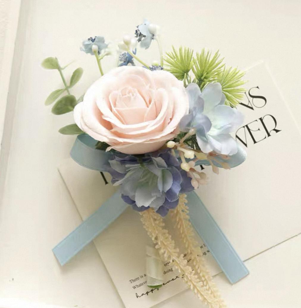Roseytime Pink&Blue Boutonniere for Wedding RTBN036