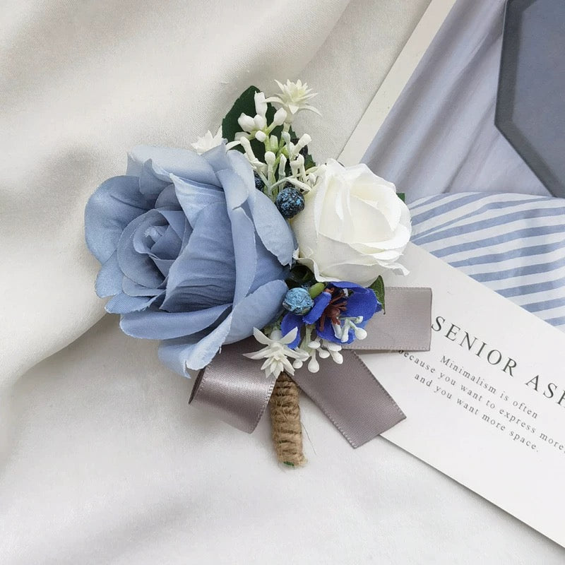 Roseytime White&Dusty Blue Flower Boutonniere for Wedding RTBN047