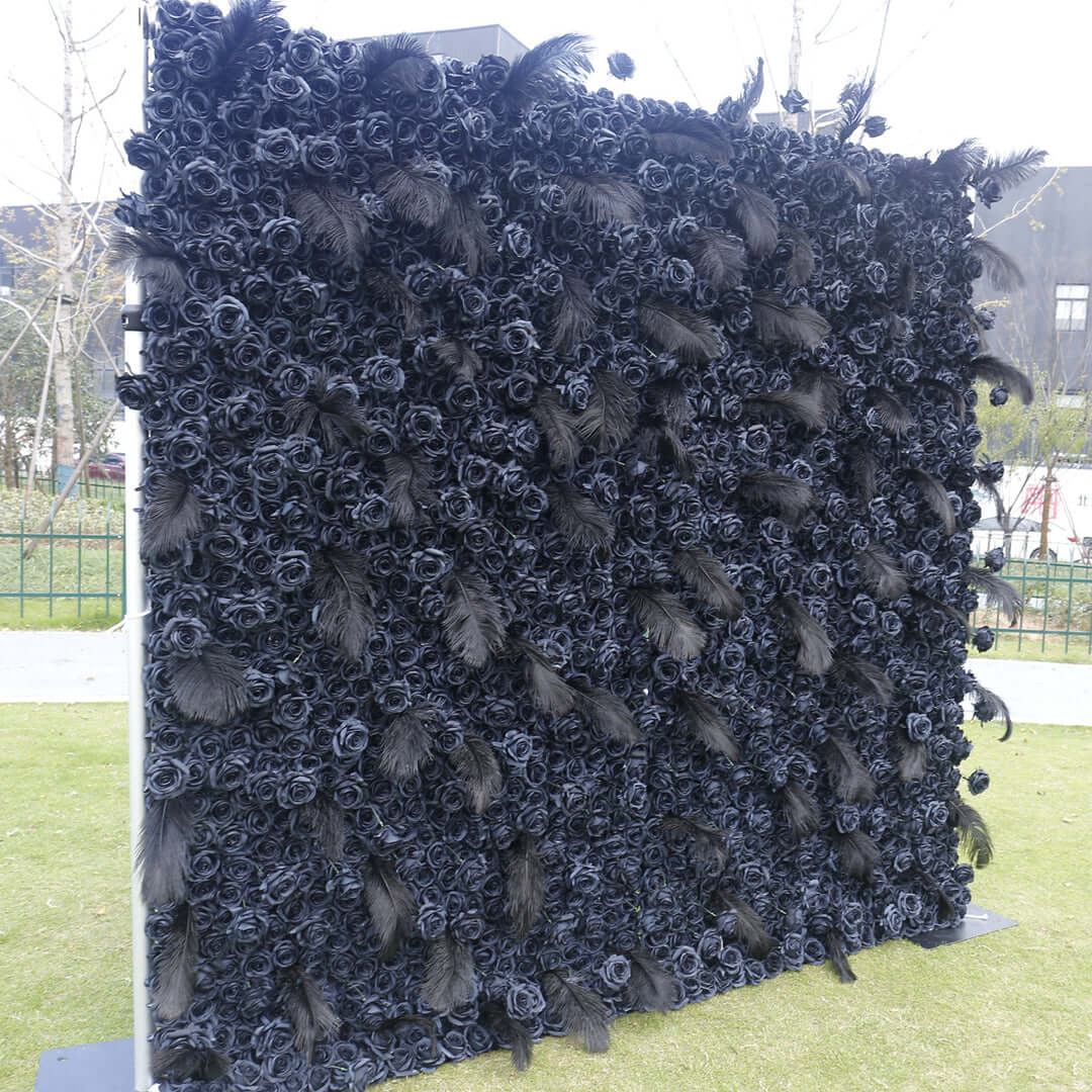 Roseytime 5D Black Flower Feather Wall Backdrop Rolling Up For Event Decor