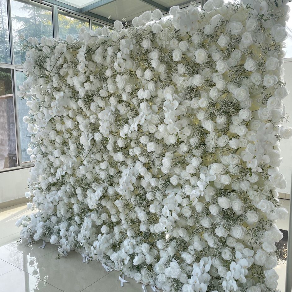 Roseytime 5D Artificial Flower Wall White Baby's Breath Roll Up Fabric Back #RTW120