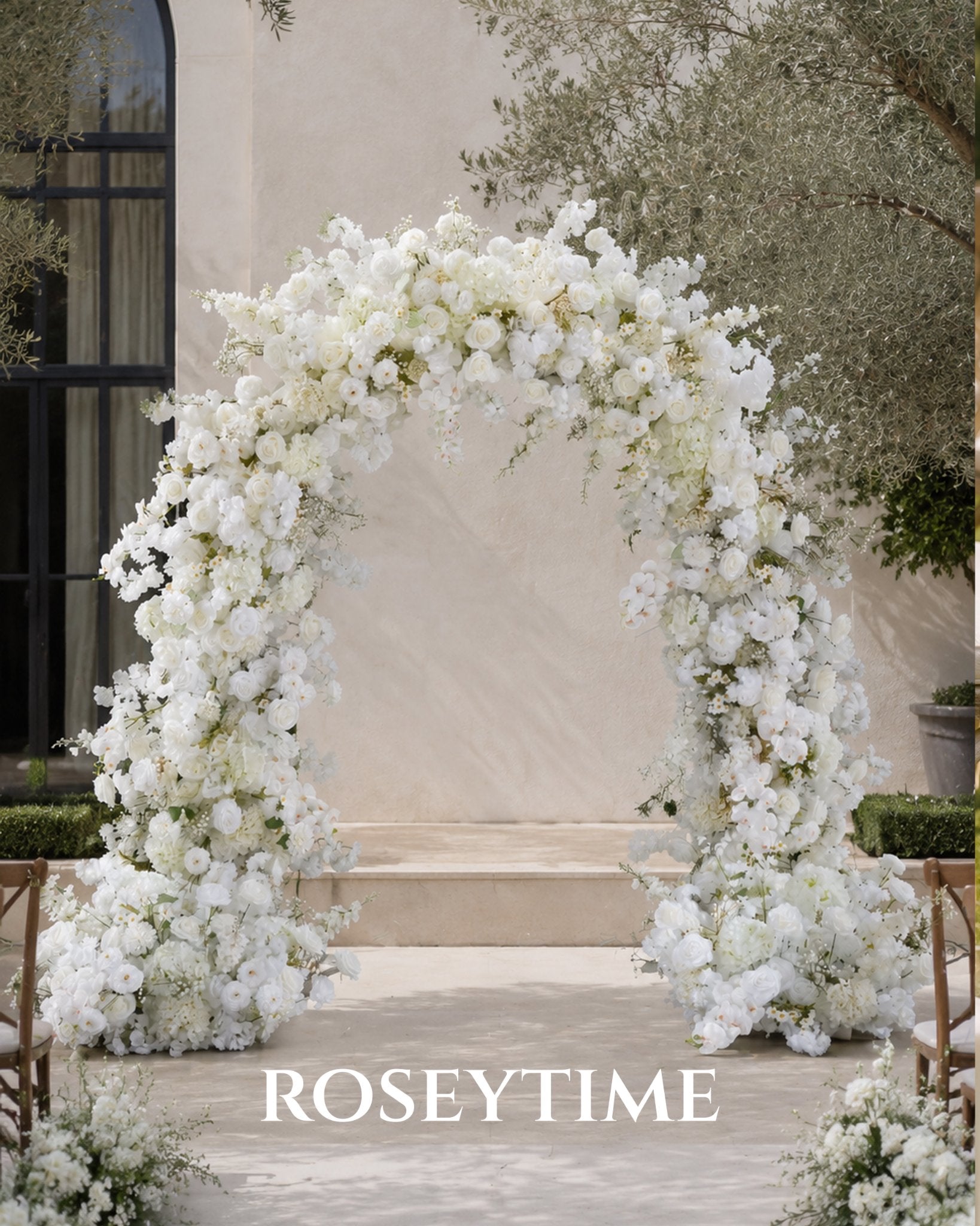 Roseytime White Rose with Baby's Breath Flower Round Arch With Frame #RTA071