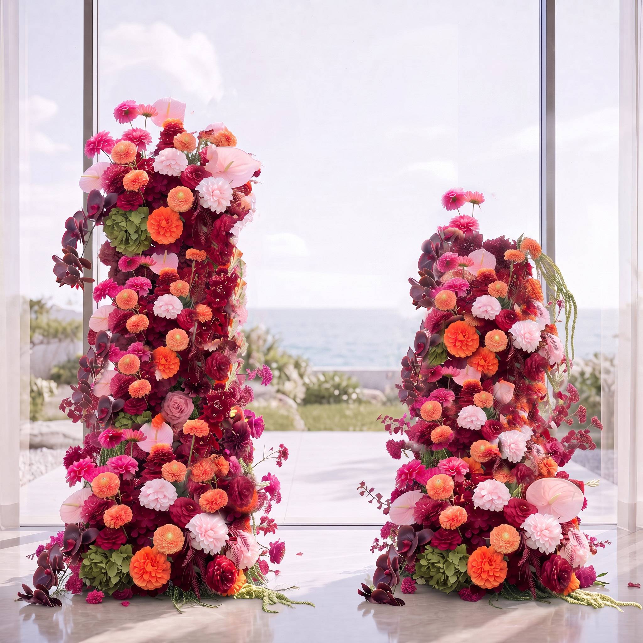 Roseytime Apricot & Burgundy Flower Pillars Arch with Frame #RTP138