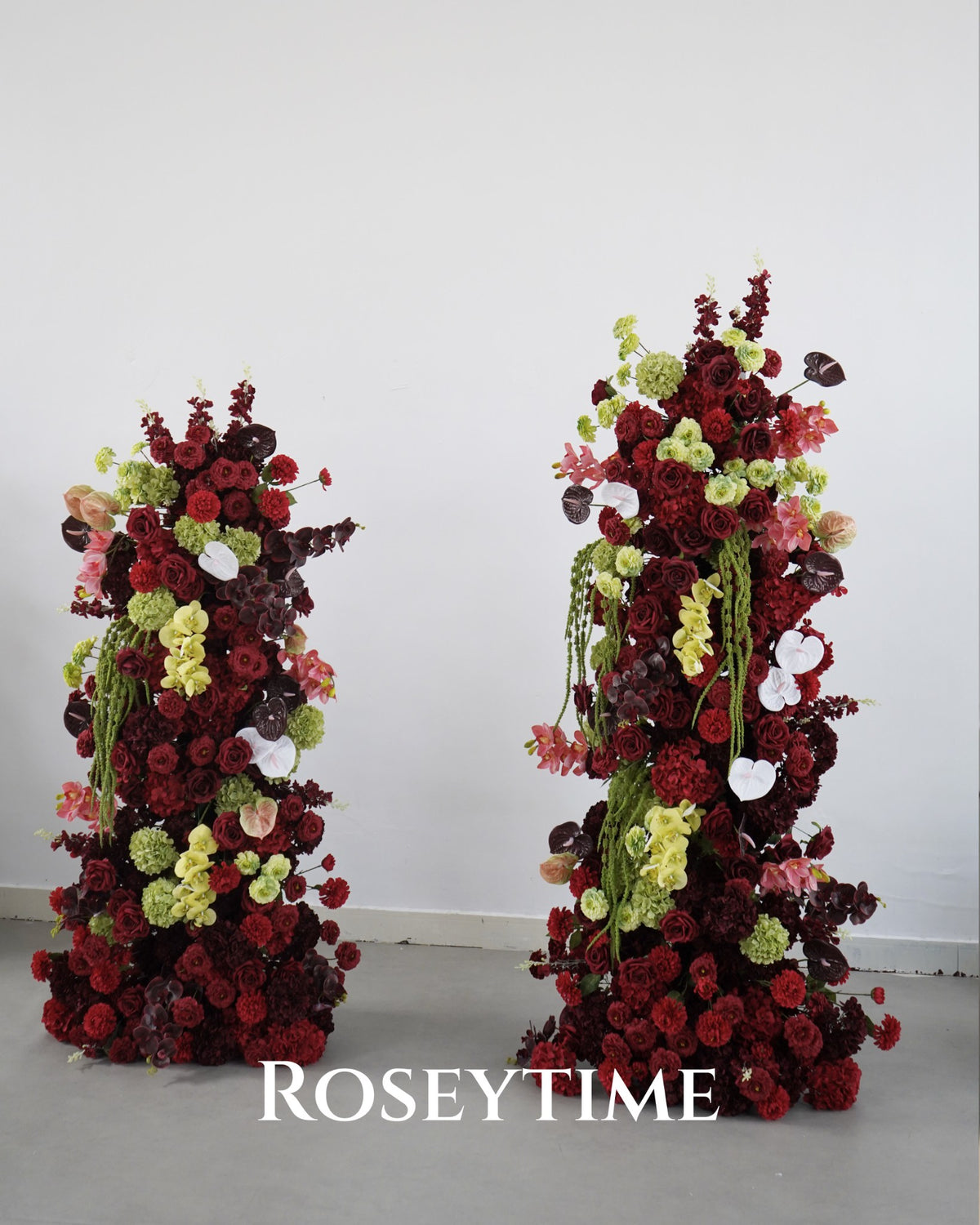 Roseytime Burgundy Mosscurl Flower Pillars Arch with Frame #RTP139