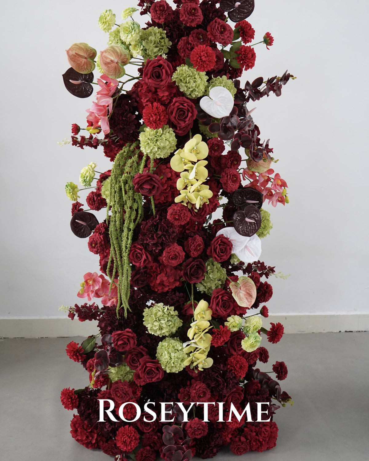 Roseytime Burgundy Mosscurl Flower Pillars Arch with Frame #RTP139