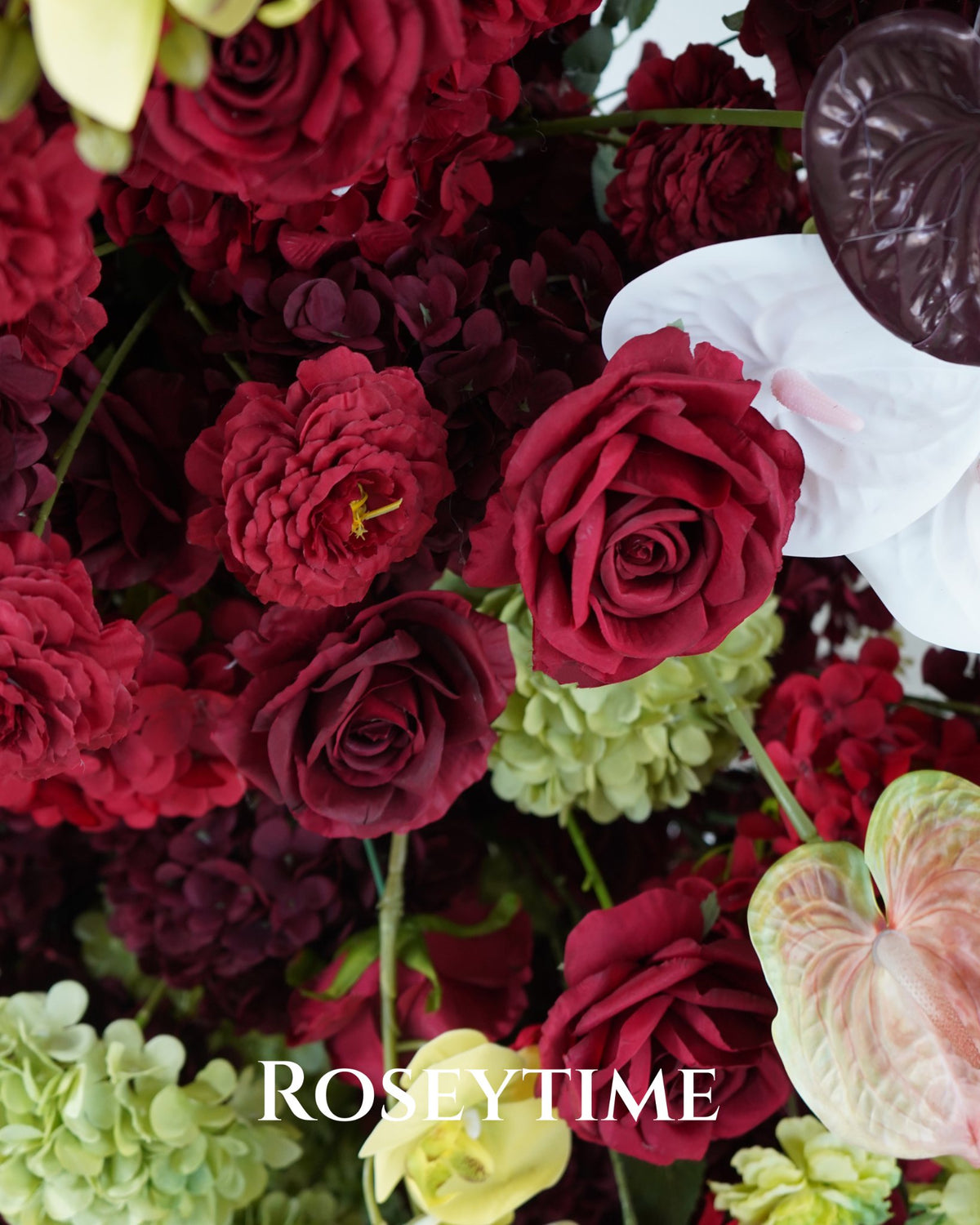 Roseytime Burgundy Mosscurl Flower Pillars Arch with Frame #RTP139