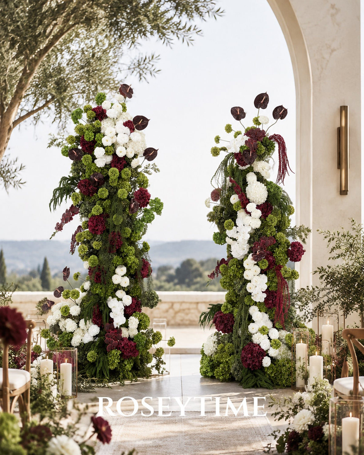 Roseytime Willow& Garnet Flower Pillars Arch with Frame #RTP154