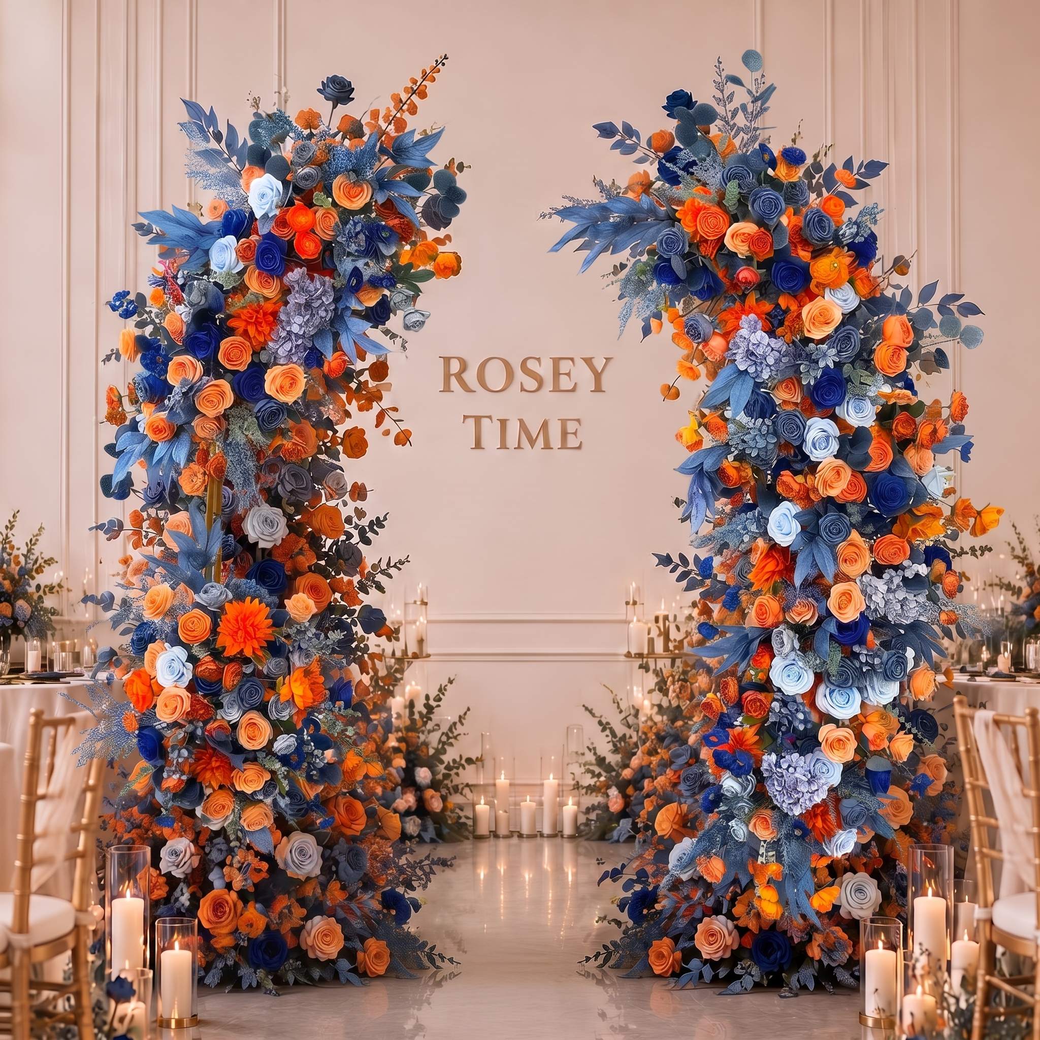 Roseytime Orange&Blue Flower Pillars Arch with Frame #RTP160