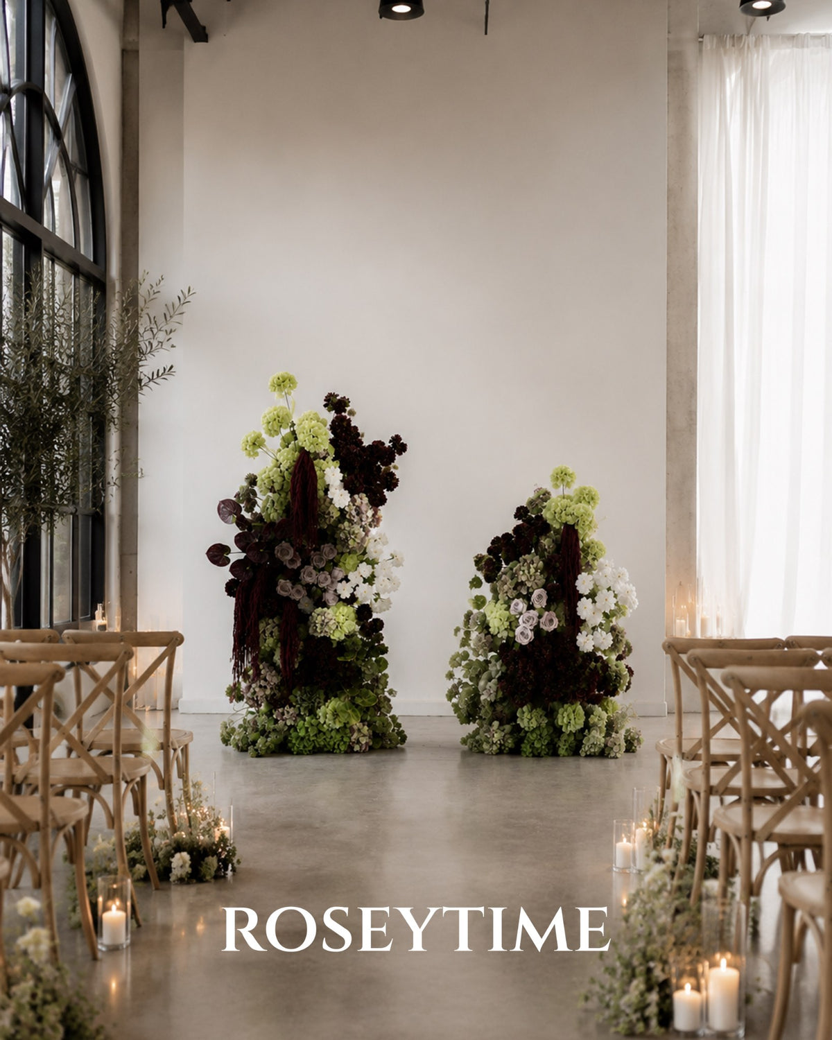 Roseytime Burgundy Olive Elegance with Plum Flower Pillars Arch with Frame #RTP161