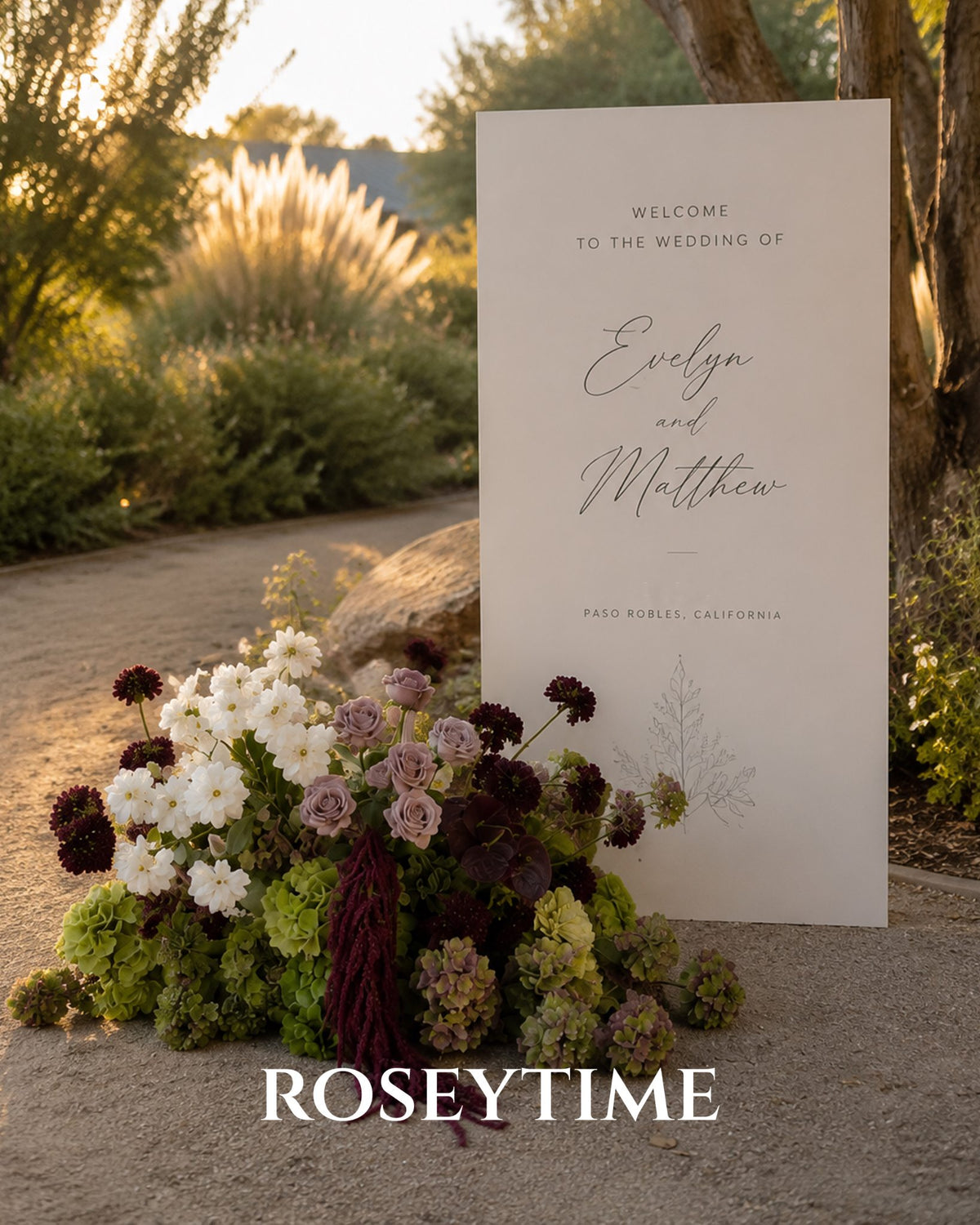 Roseytime Burgundy Olive Elegance with Plum Flower Pillars Arch with Frame #RTP161