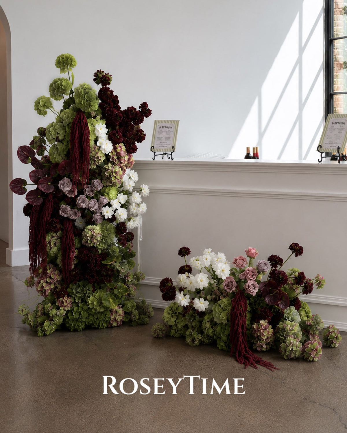 Roseytime Burgundy Olive Elegance with Plum Flower Pillars Arch with Frame #RTP161