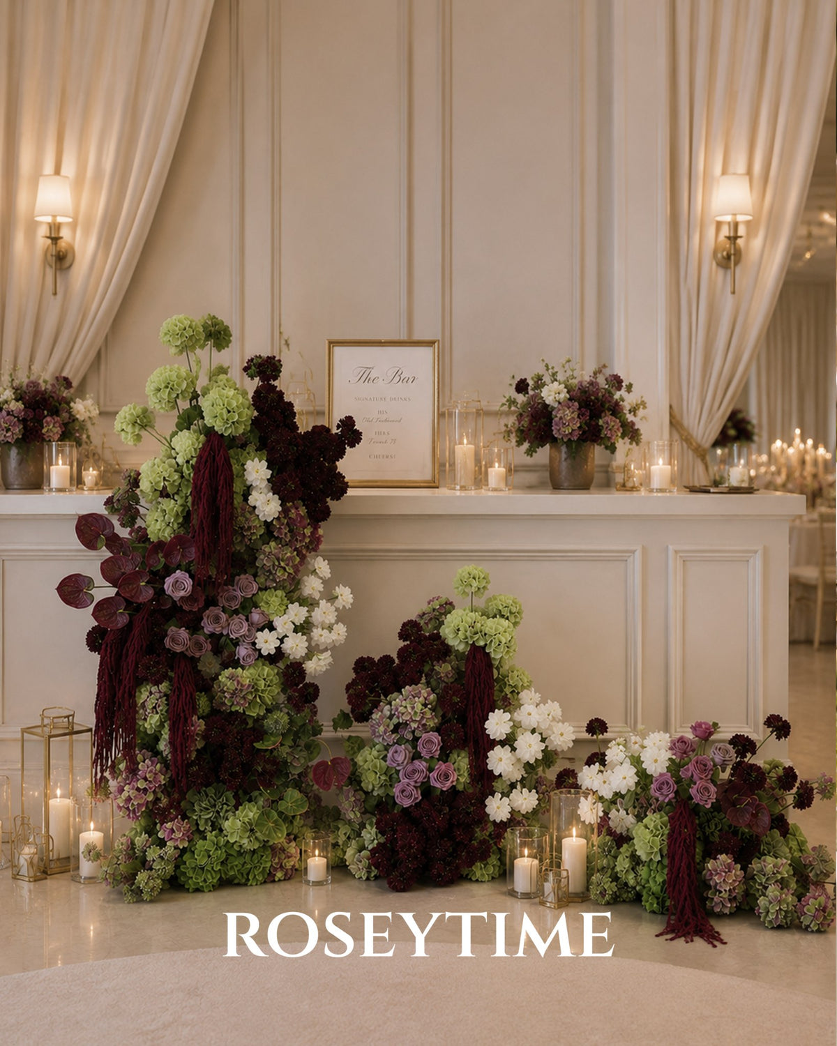 Roseytime Burgundy Olive Elegance with Plum Flower Pillars Arch with Frame #RTP161