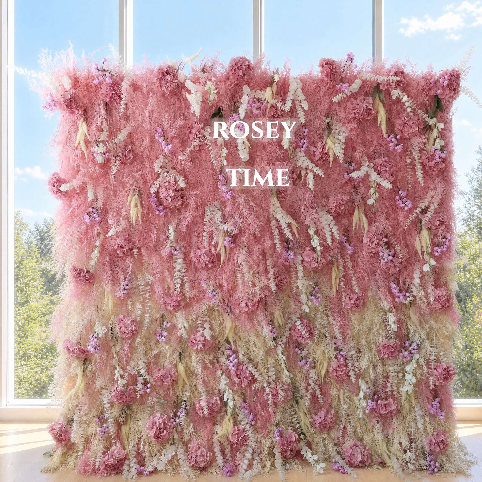 Roseytime 5D Pink Artificial Pampas Grass Wall Roll Up Fabric Back #RTW287