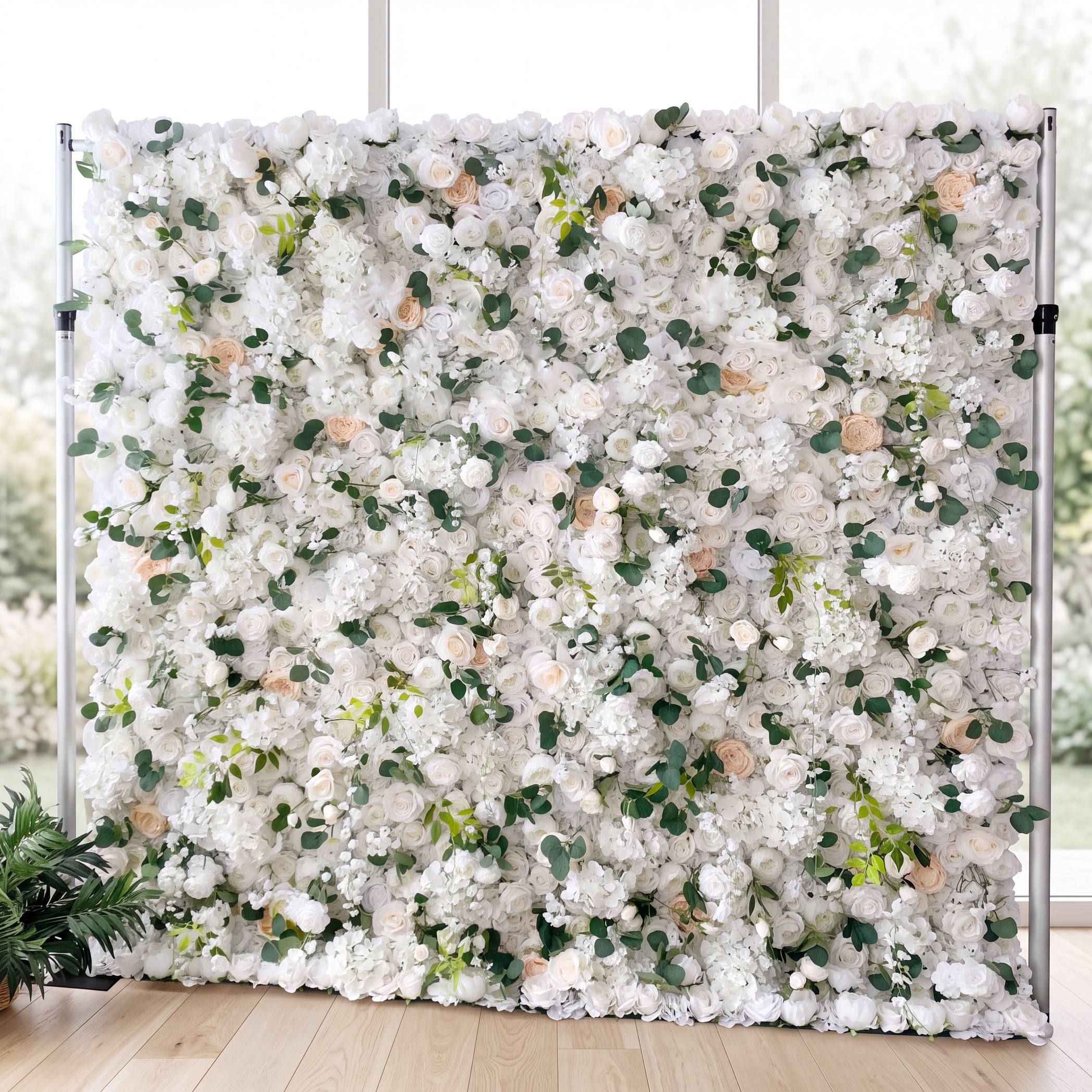 Roseytime 3D White& Green Flower Wall Backdrop Roll Up Fabric Back #RTW288