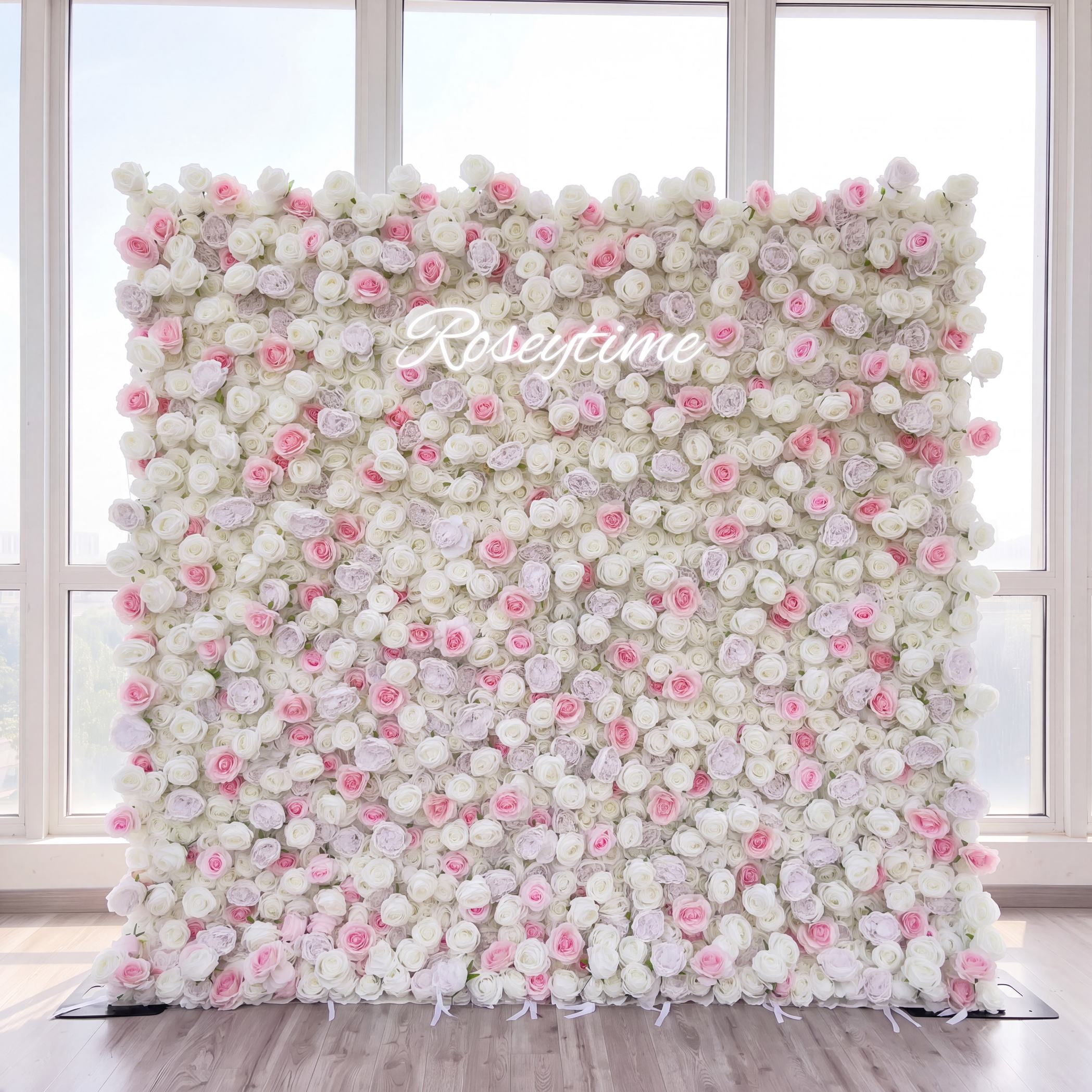 Roseytime 3D White&Pink Roses Flower Wall Roll Up Fabric Back #RTW301