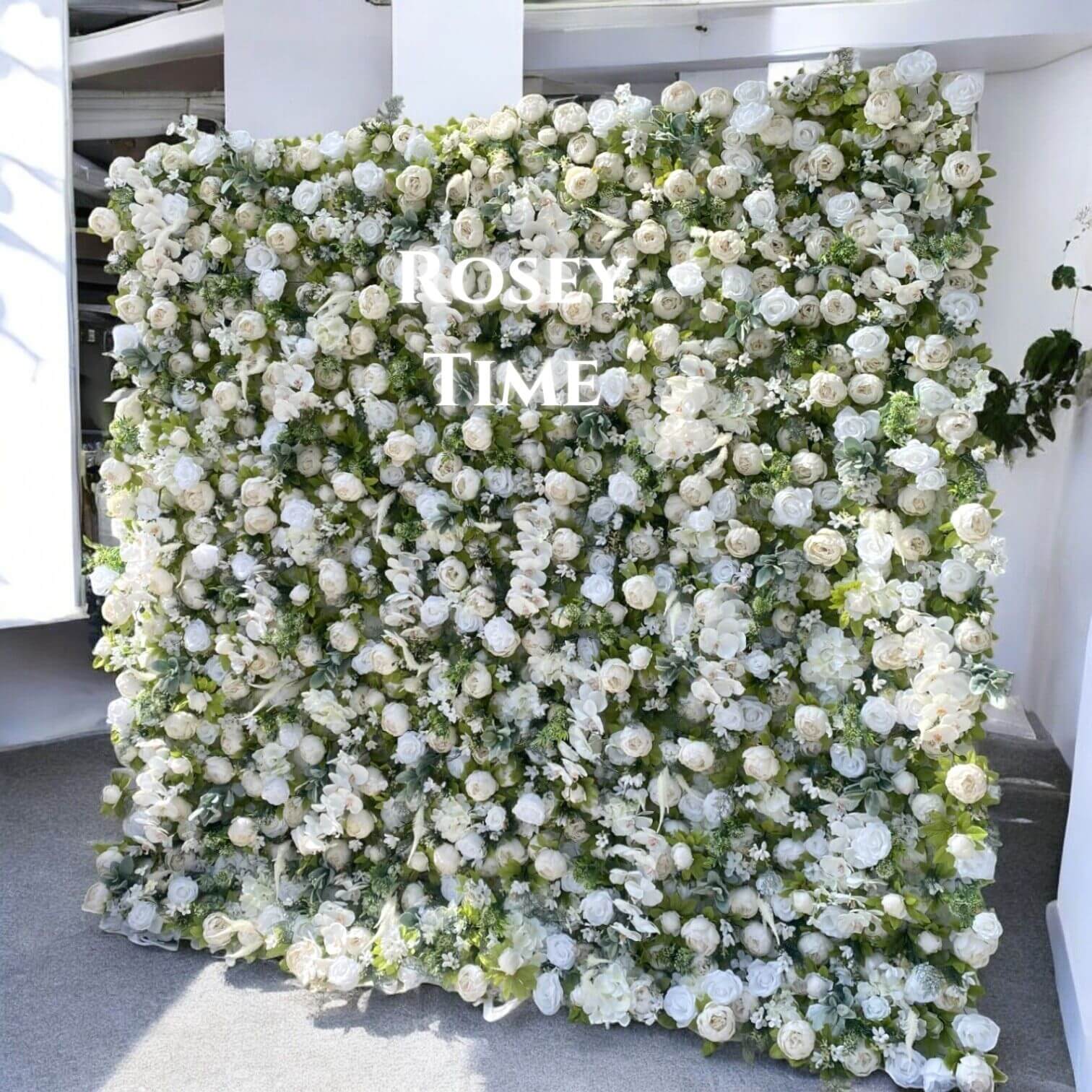 Roseytime 3D White&Green Artificial Flower Wall Roll Up Fabric Back #RTW277