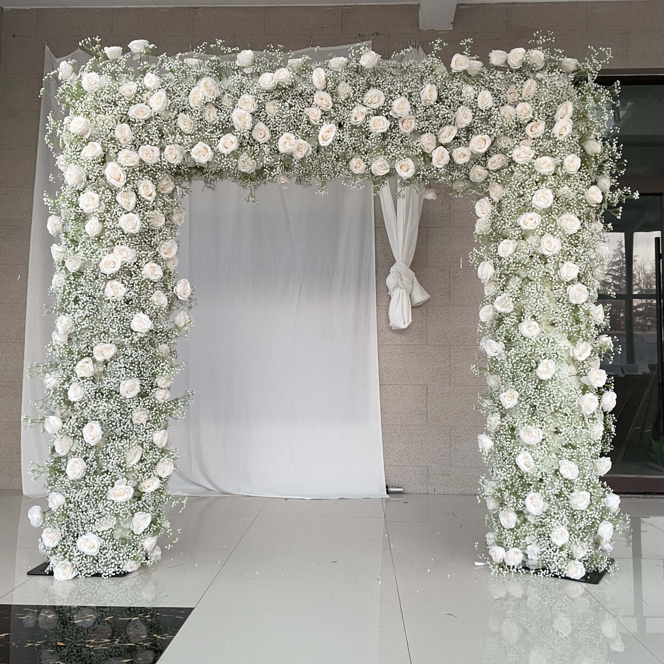 Roseytime Baby's Breath White & Champagne Square Flower Arch Fabric Back#RTA051