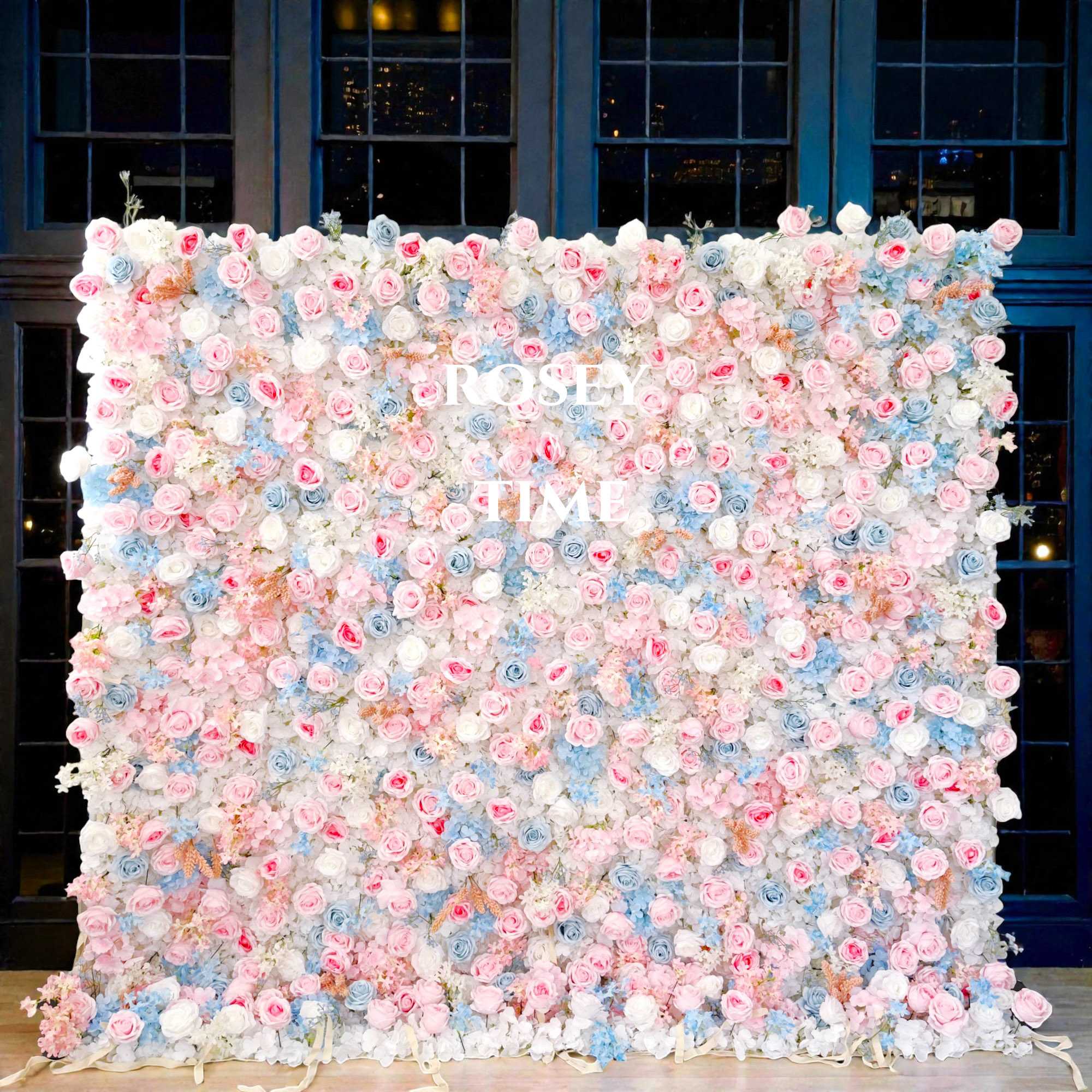 Roseytime 3D Pink&Blue Flower Wall Roll Up Fabric Back #RTW007