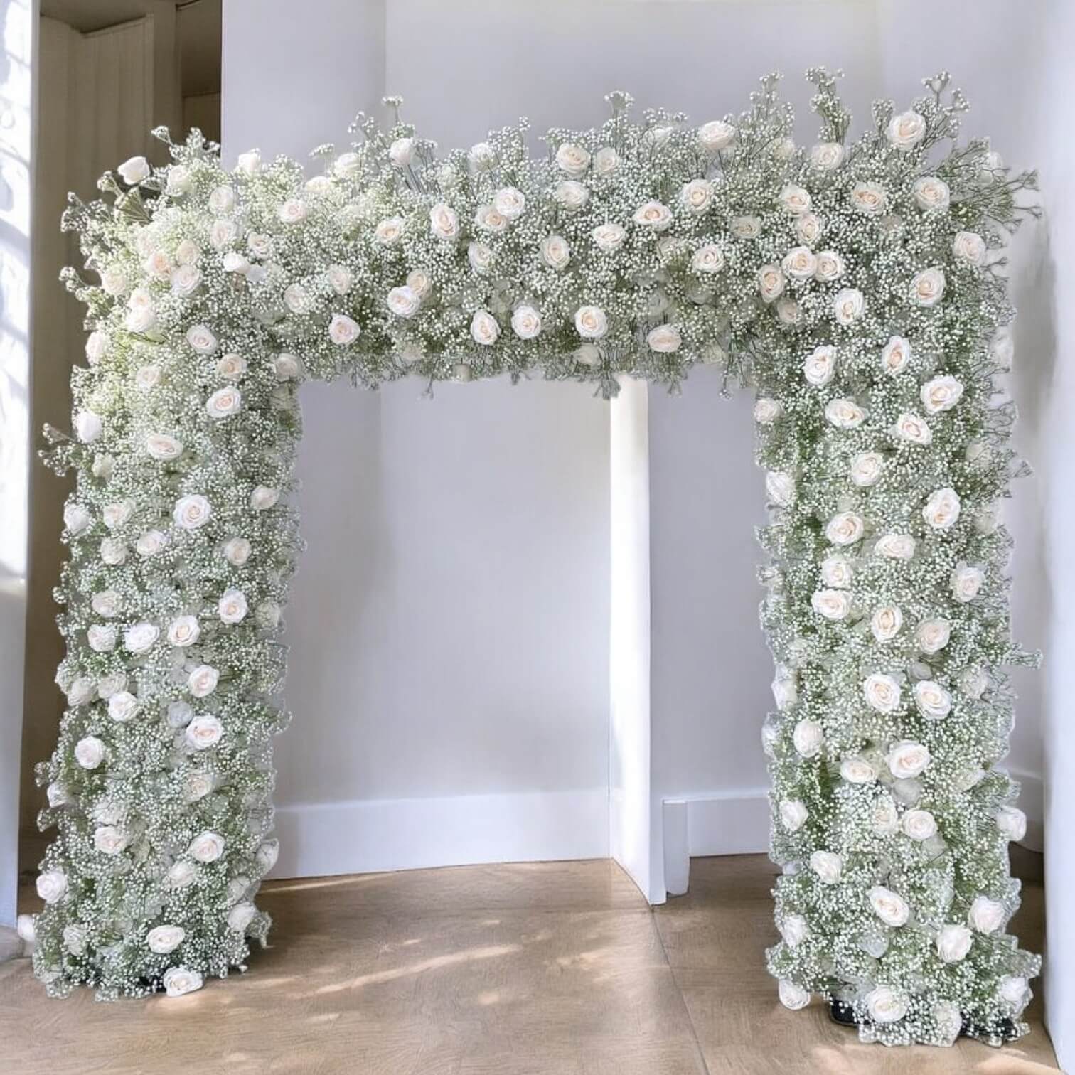 Roseytime Baby's Breath White & Champagne Square Flower Arch Fabric Back#RTA051
