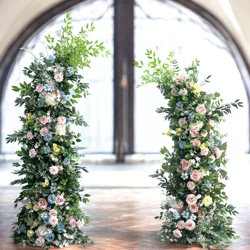 Roseytime Blue&Pink Floral Pillars Arch Dusty Pink Flowers with Frame #RTP020