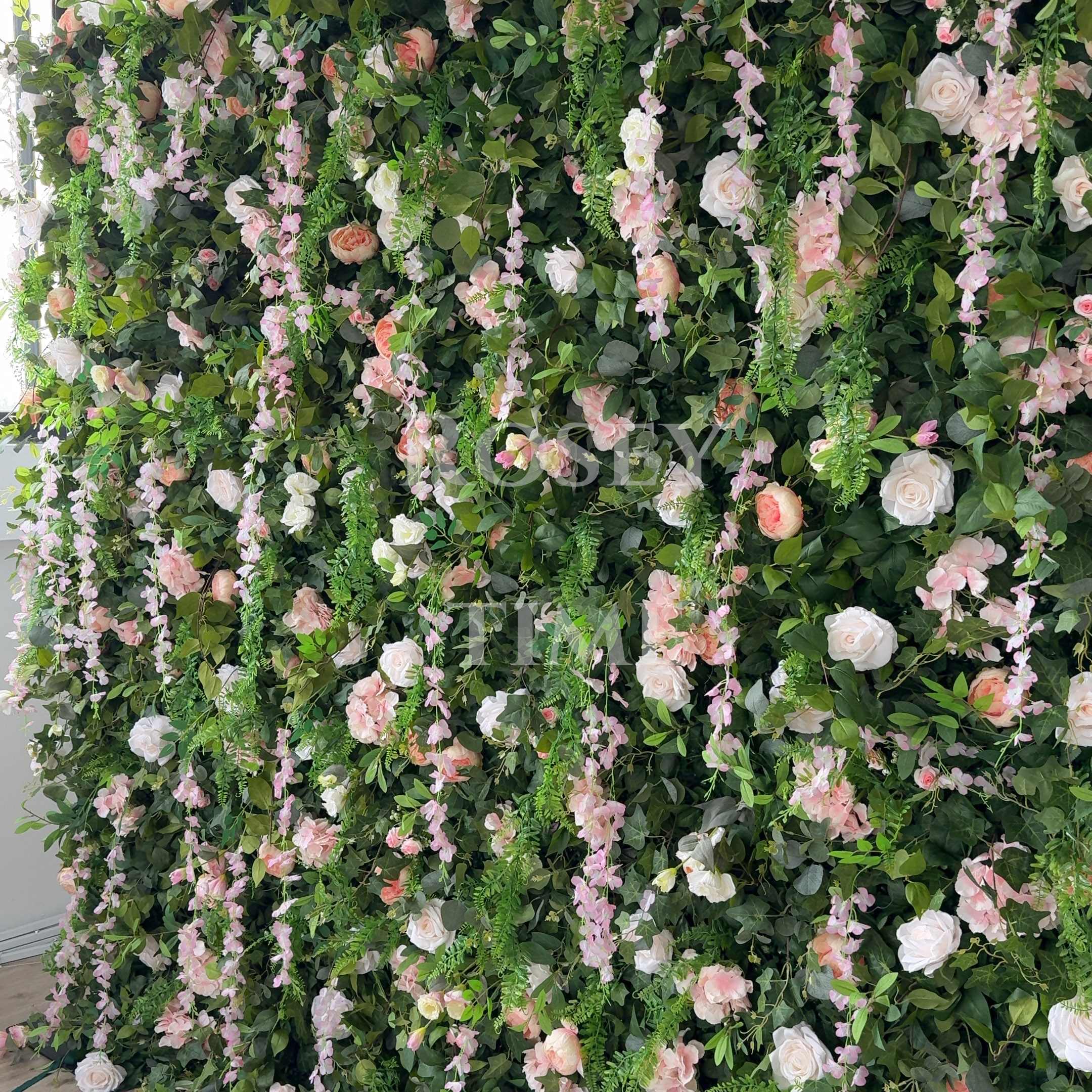 Roseytime 5D Greenery Pink Flower Wall Roll Up Fabric Back #RTW353
