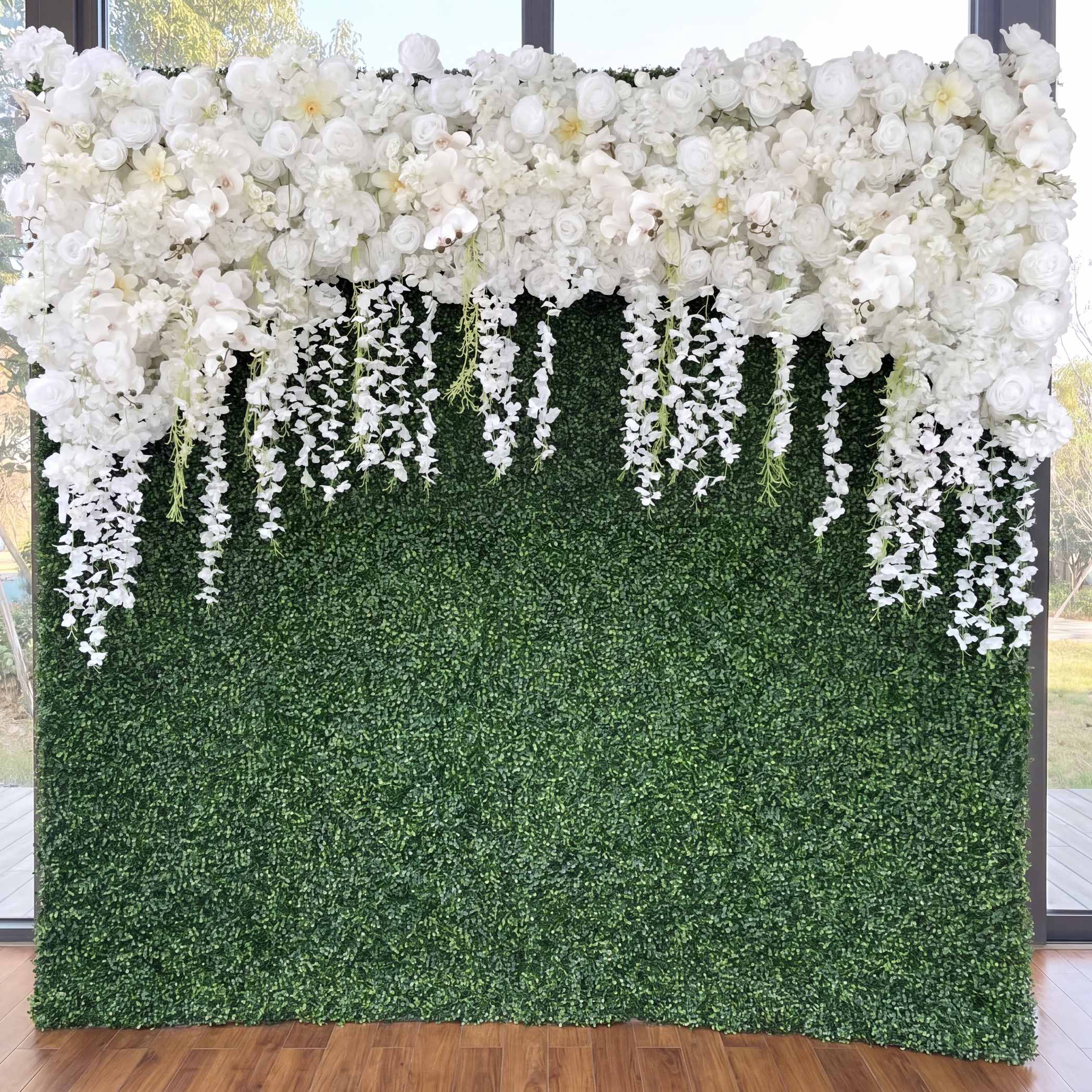 Roseytime Grass White Rose Greenery Flower Wall Fabric Back#RTW121