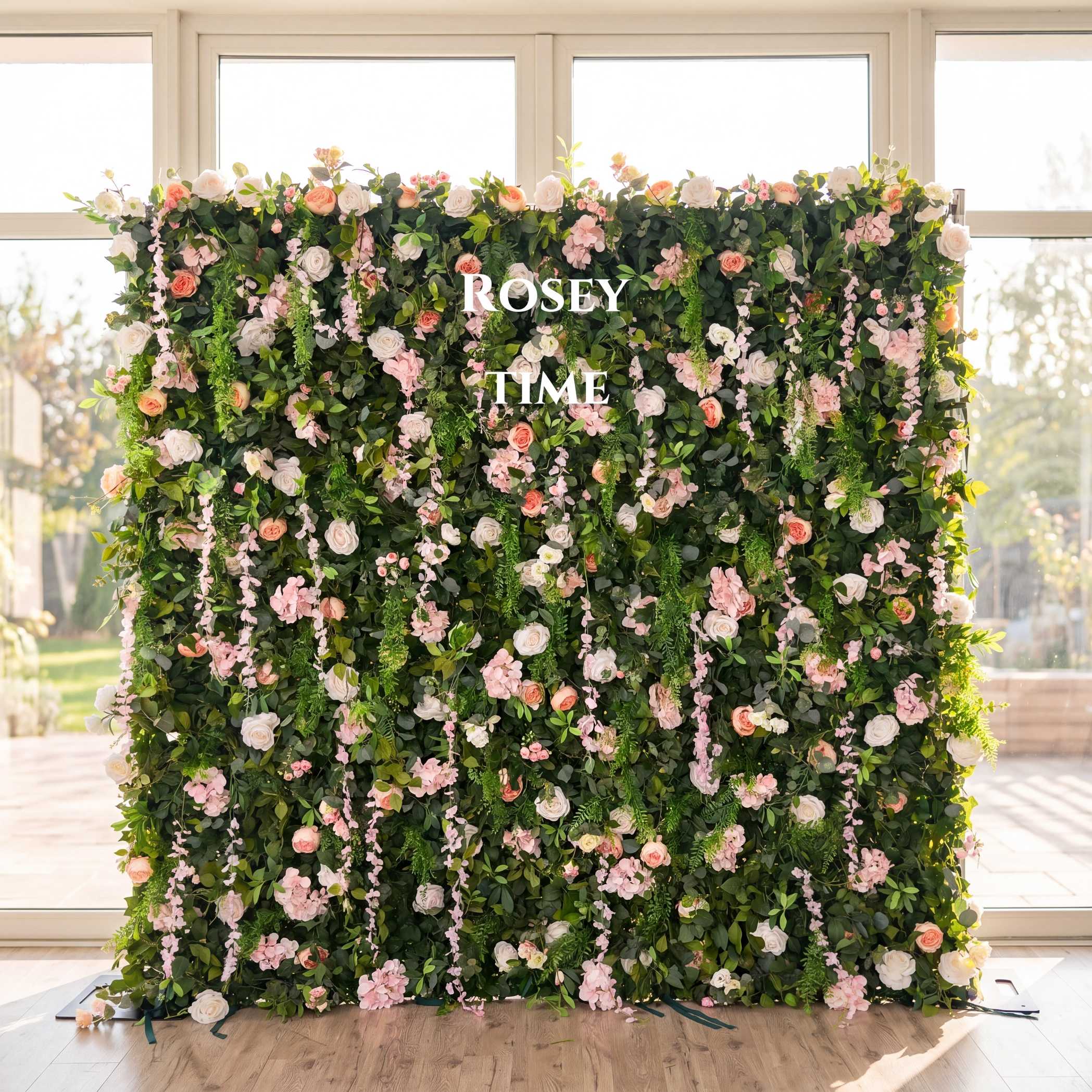 Roseytime 5D Greenery Pink Flower Wall Roll Up Fabric Back #RTW353