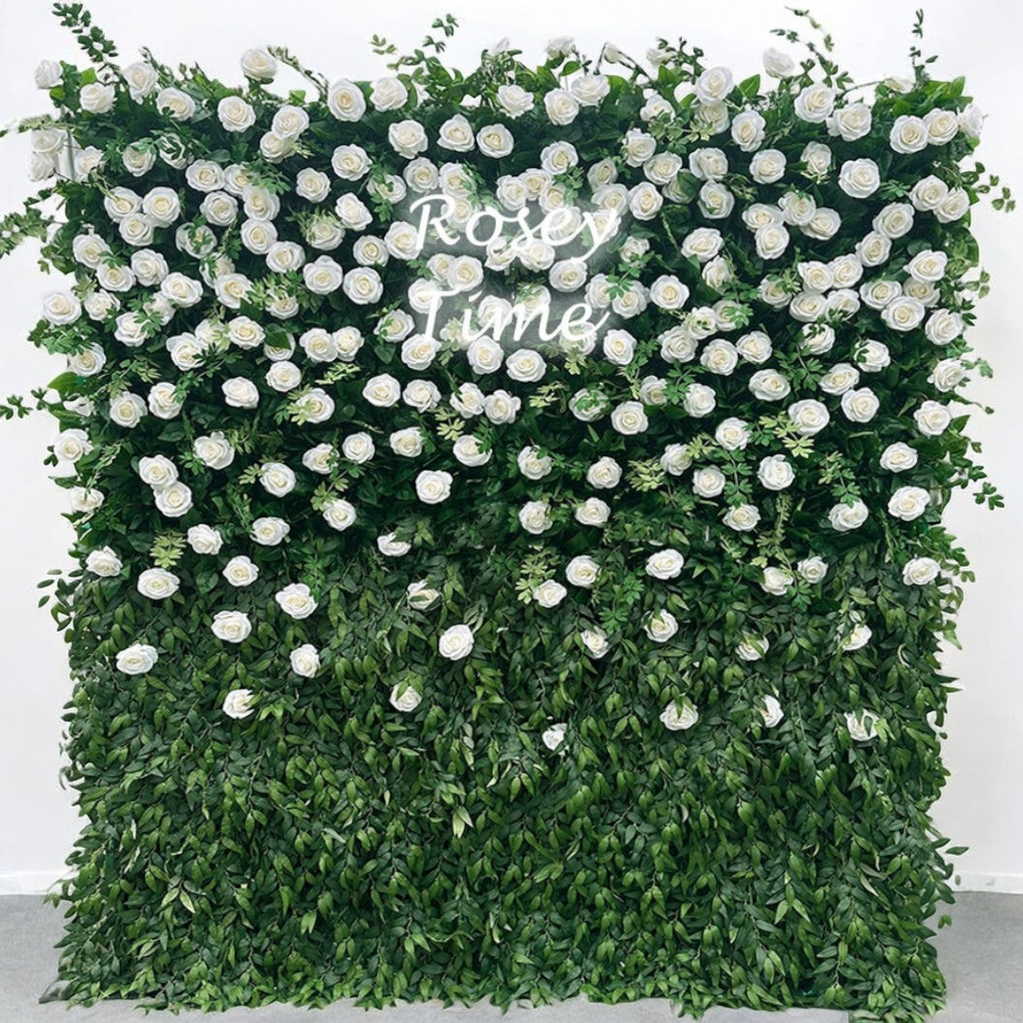 Roseytime 3D White&Green Wedding Flower Wall Roll Up Fabric Back #RTW067