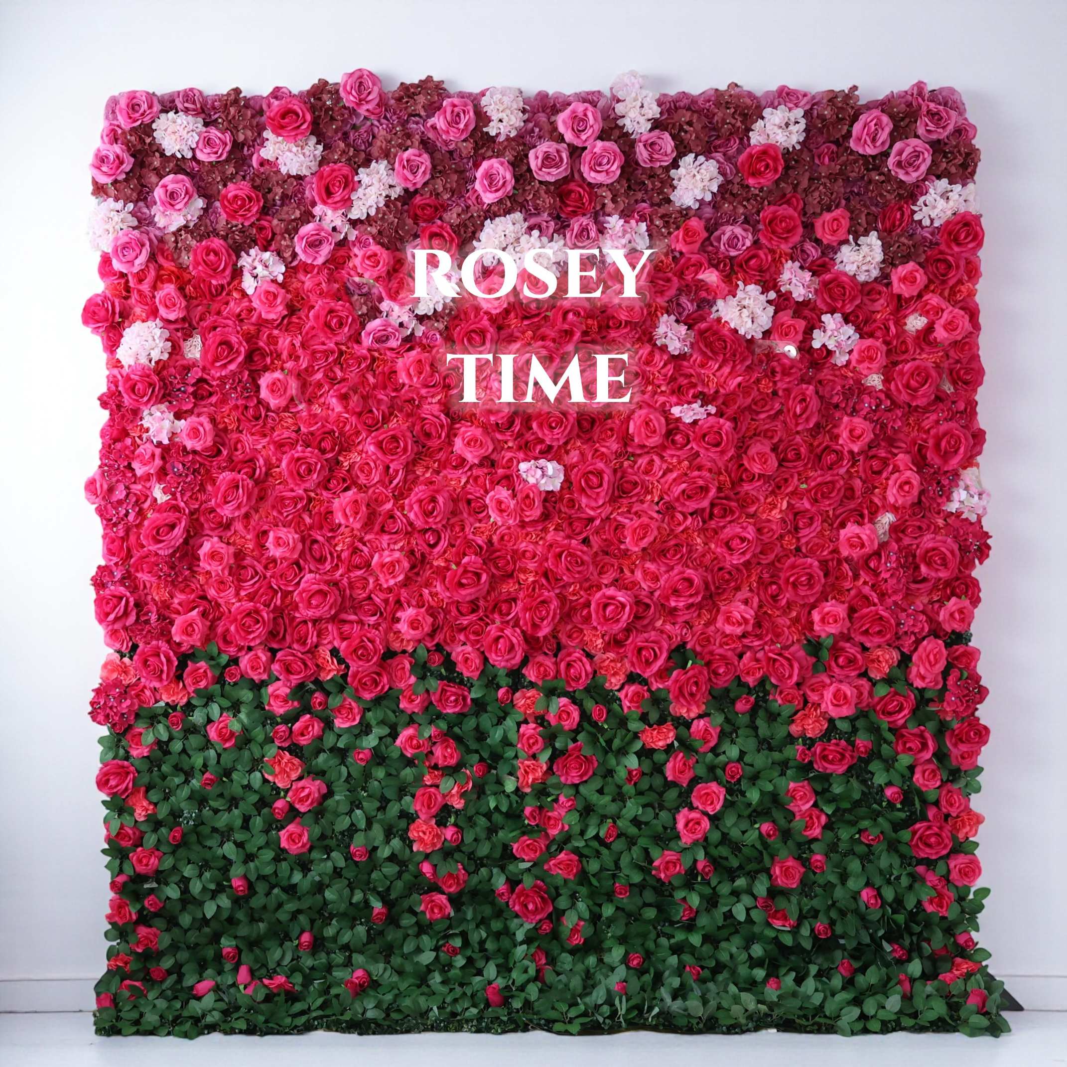 Roseytime 3D Hot Pink&Greenery Flower Wall Roll Up Fabric Back #RTW337