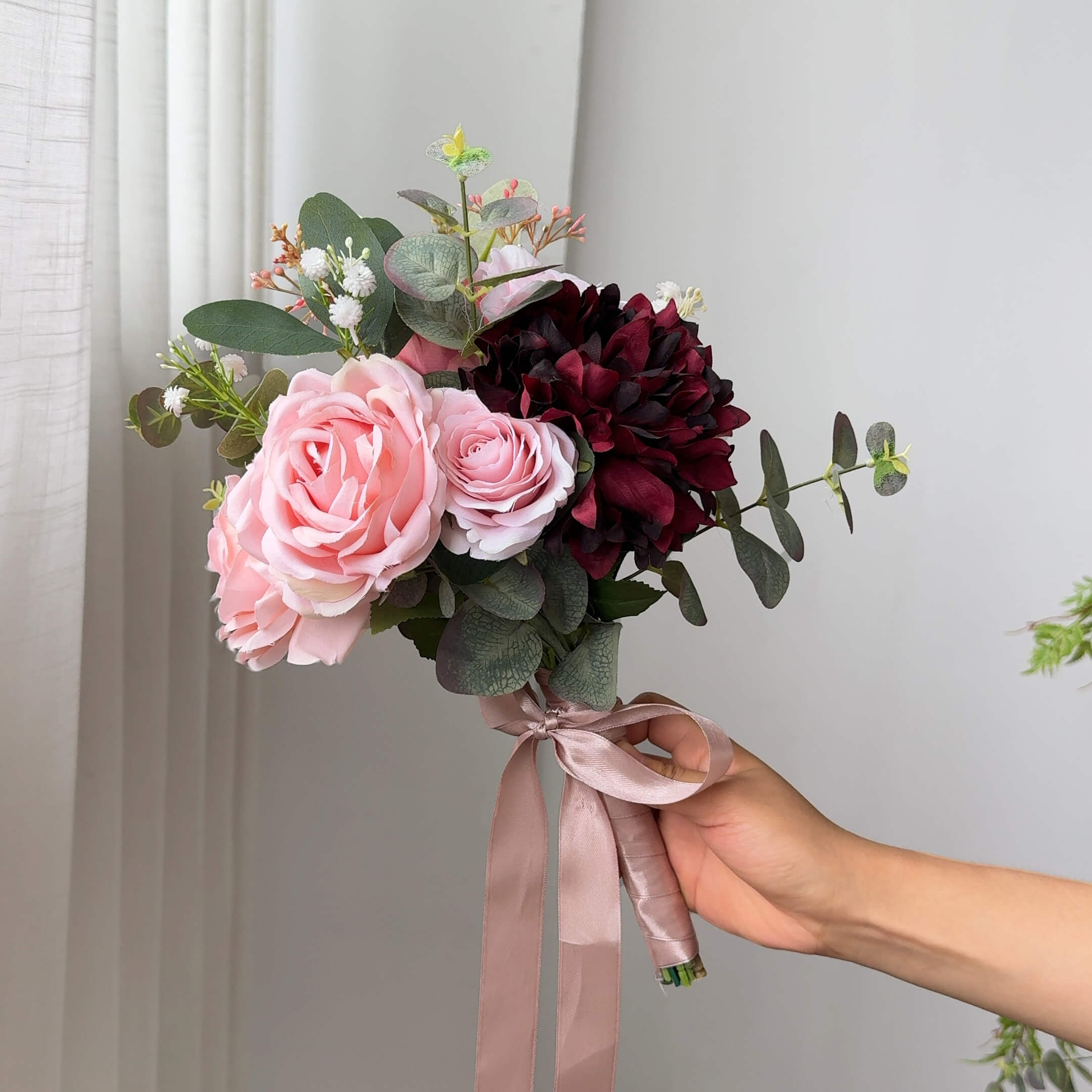 Roseytime Bride/Bridesmaid Bouquet in Dark Red Artificial Flowers #RTBQ029