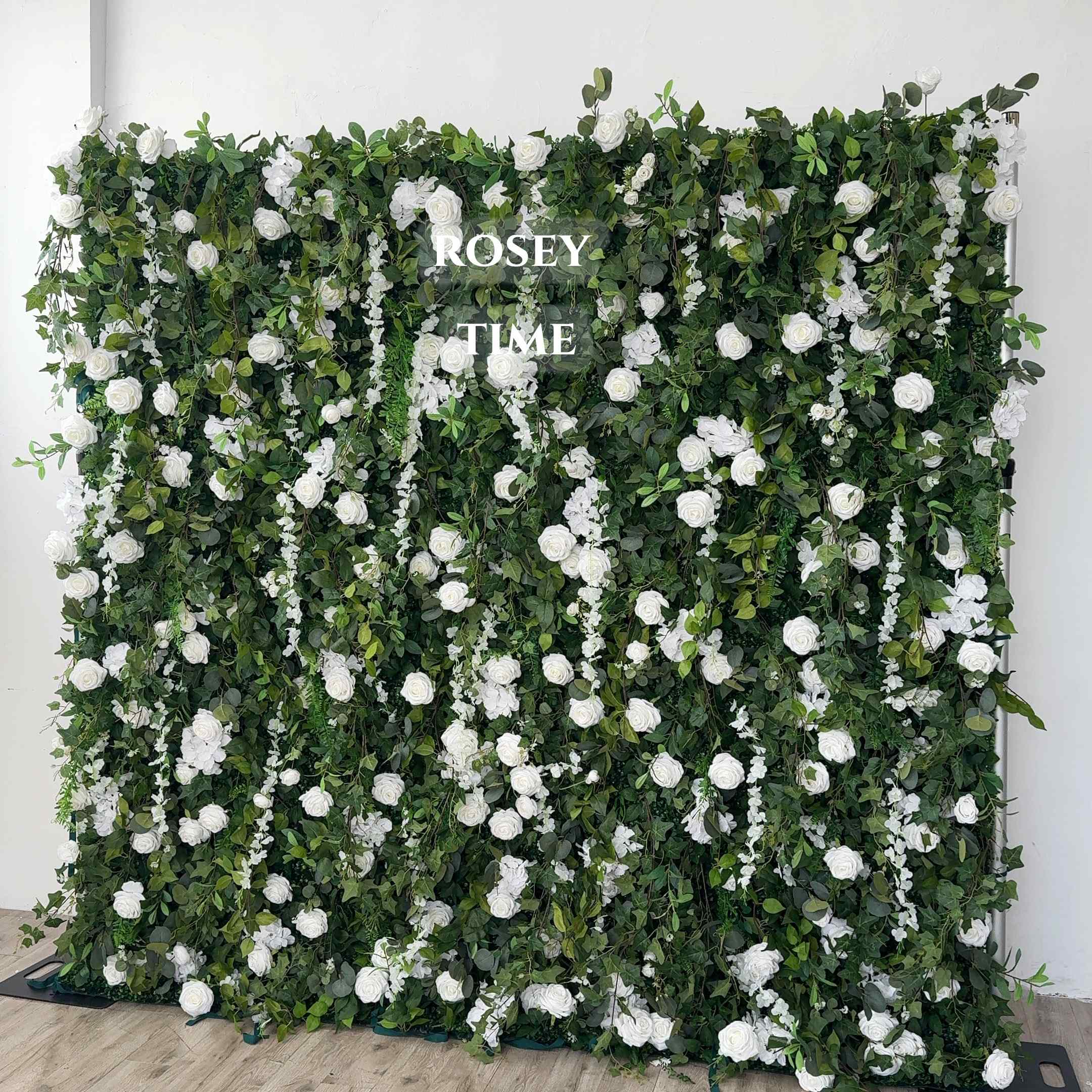 Roseytime 3D White&Green Greenery Flower Wall Roll Up Fabric Back #RTW012