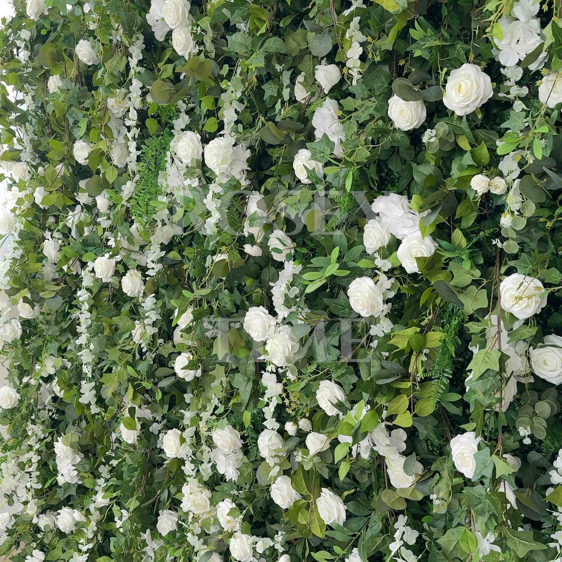 Roseytime 3D White&Green Greenery Flower Wall Roll Up Fabric Back #RTW012