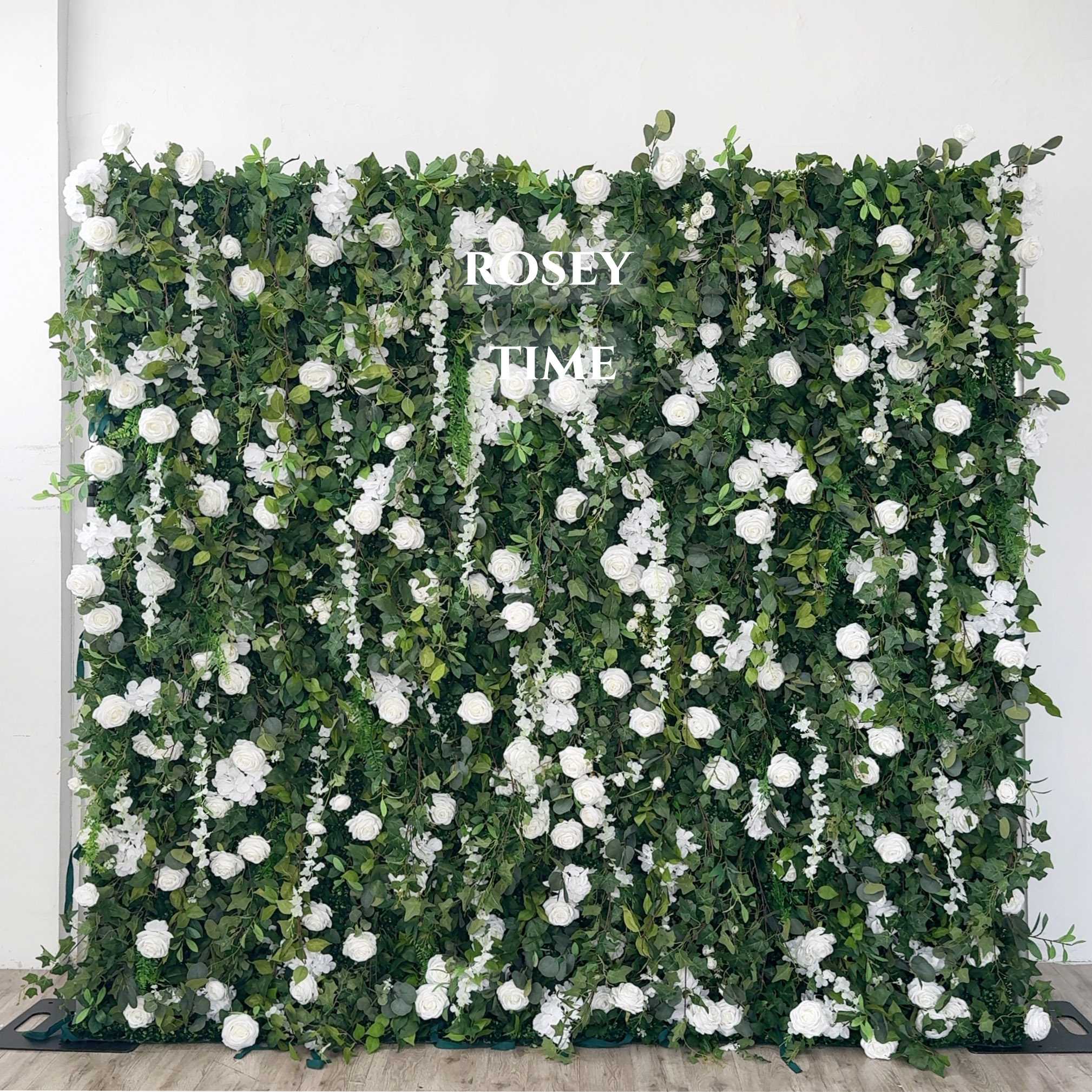 Roseytime 3D White&Green Greenery Flower Wall Roll Up Fabric Back #RTW012