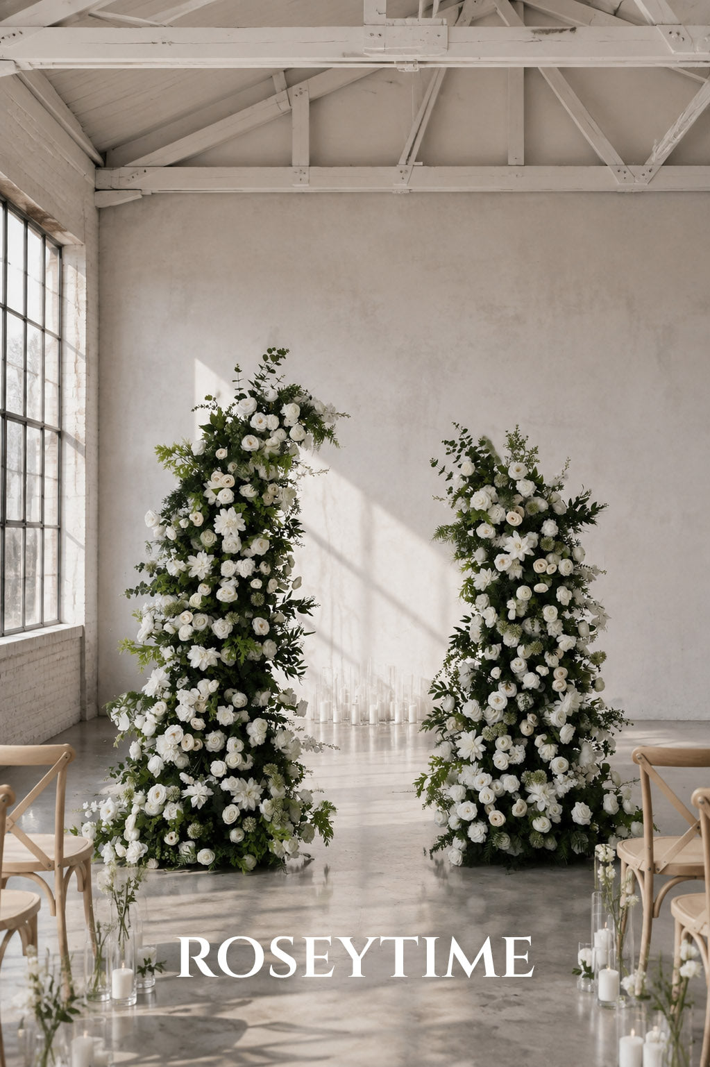Roseytime Floral Pillars Arch Green White Flowers with Frame #RTP019