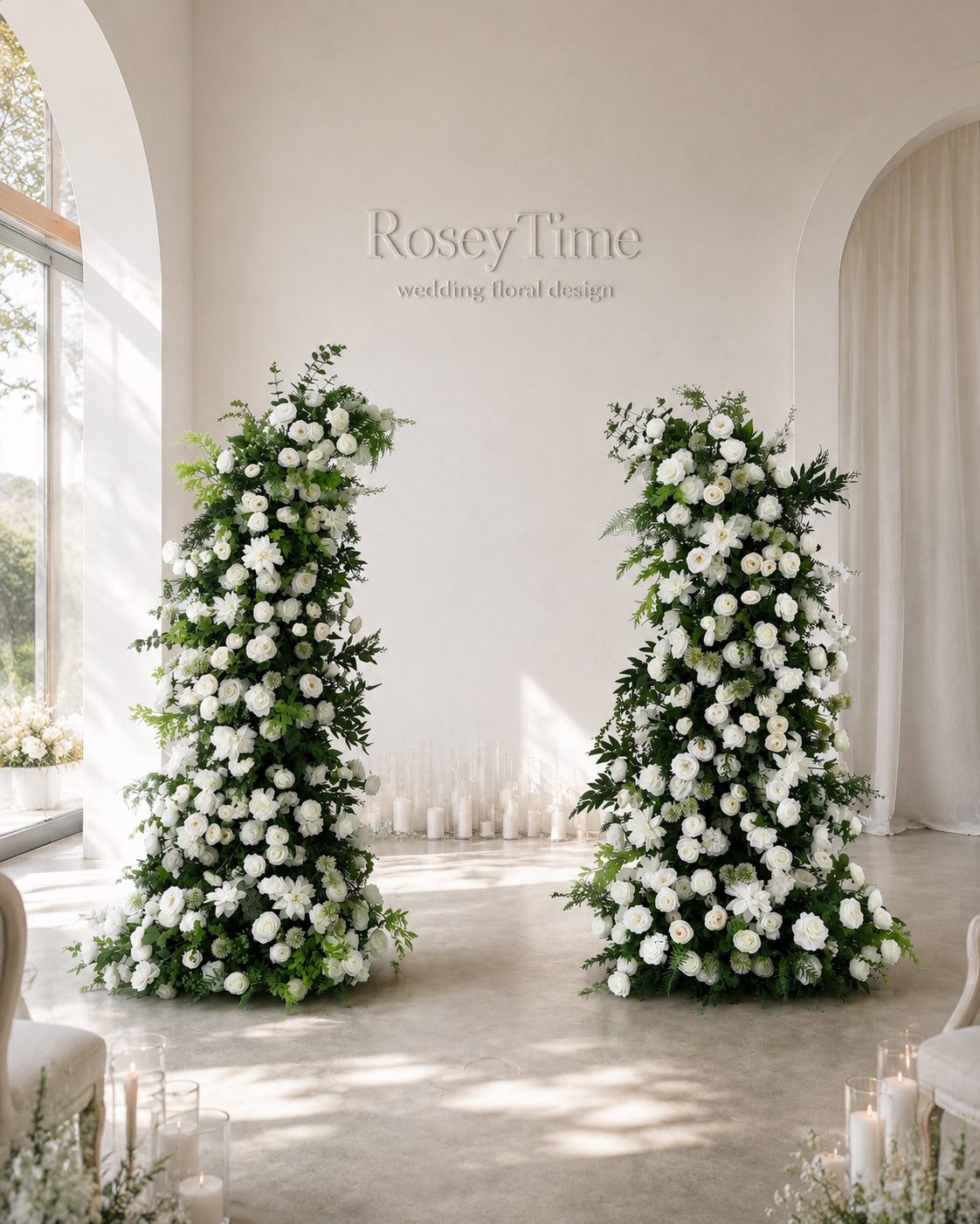 Roseytime Floral Pillars Arch Green White Flowers with Frame #RTP019