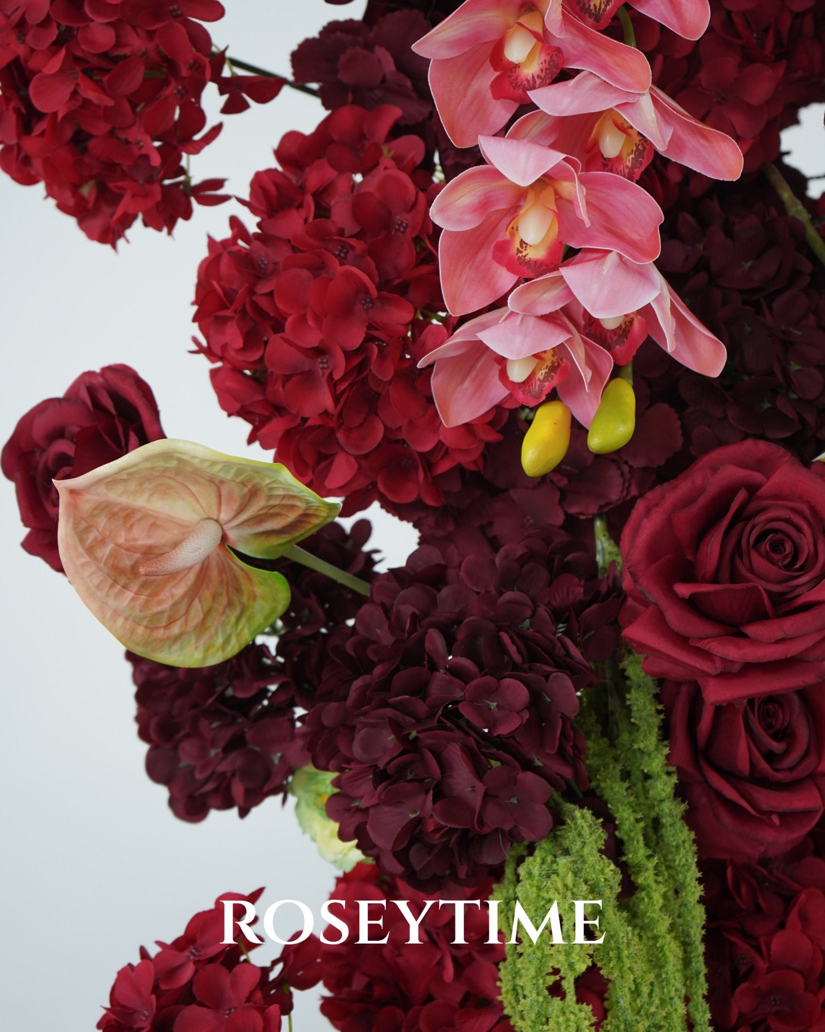 Roseytime Burgundy Mosscurl Flower Pillars Arch with Frame #RTP139