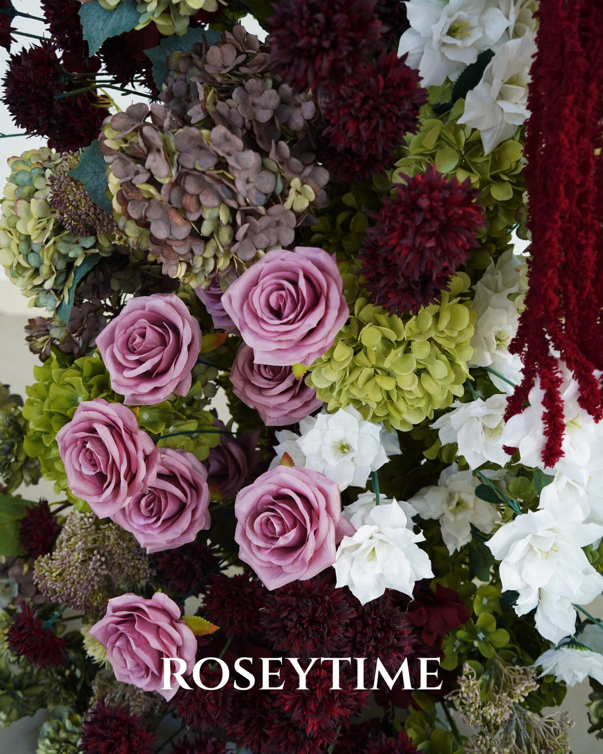 Roseytime Burgundy Olive Elegance with Plum Flower Pillars Arch with Frame #RTP161