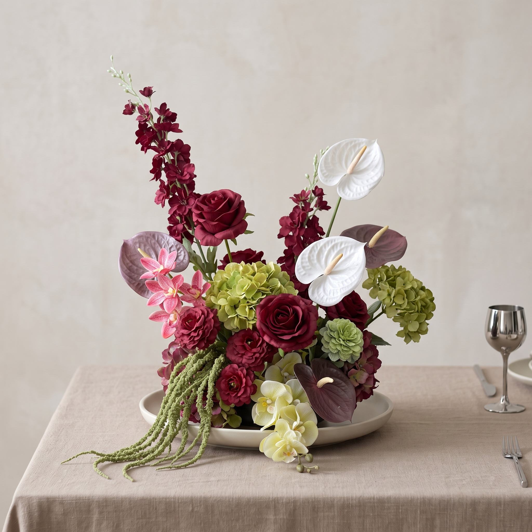 Roseytime Burgundy Mosscurl Table Flower Arrangement #RTT025