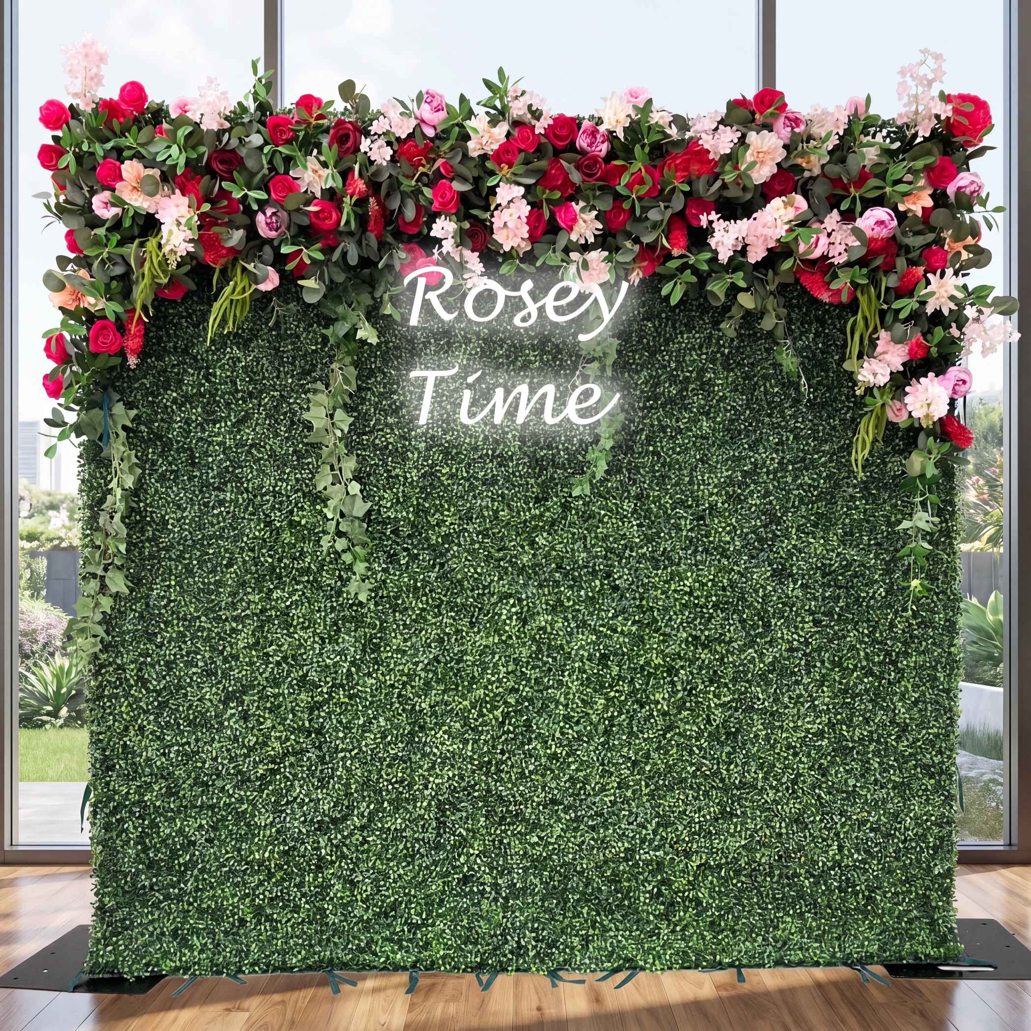 Roseytime Wedding Grass Red Flower Wall Roll Up Fabric Back Greenery Backdrop#RTW010