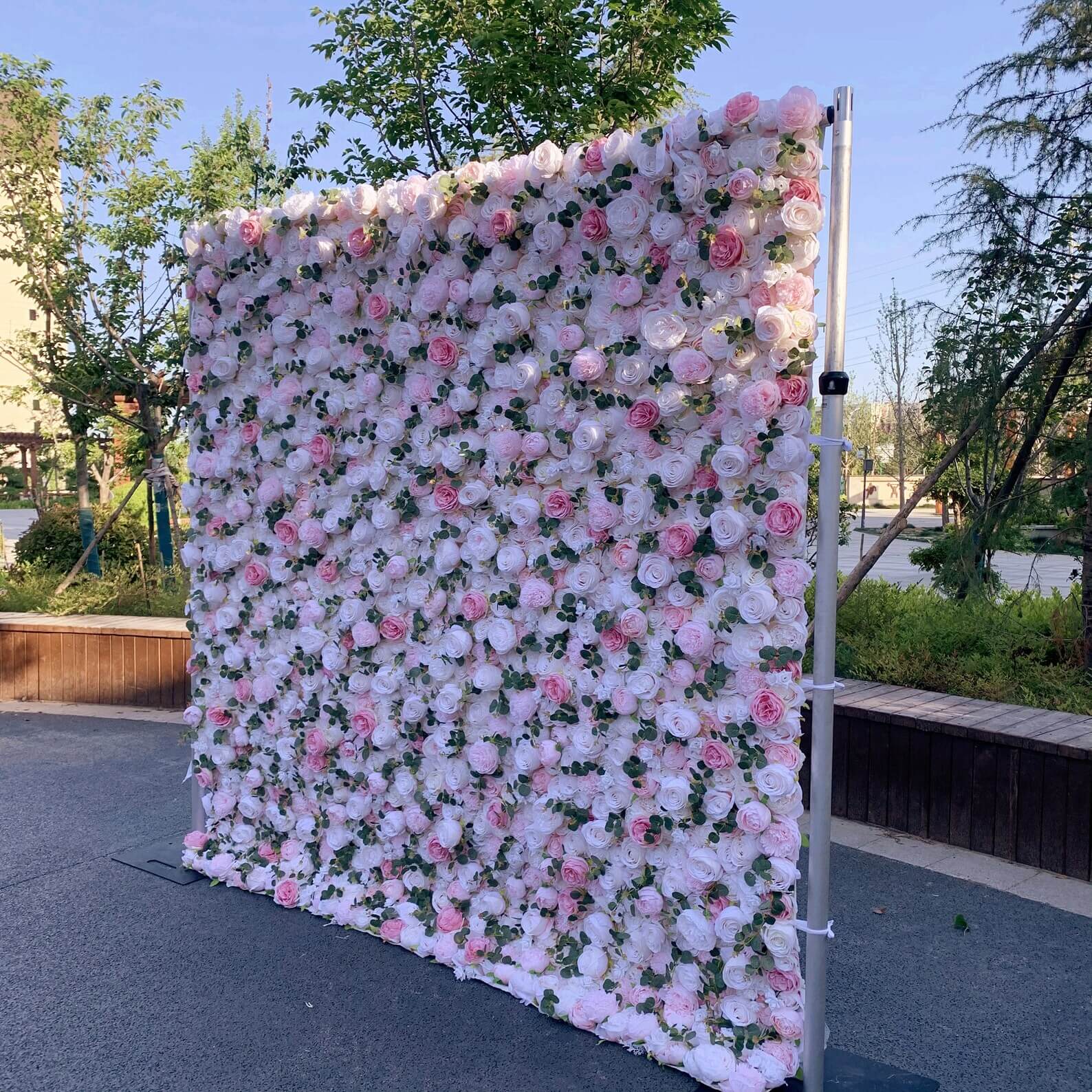 Roseytime 3D Pink White Flower Wall Roll Up Fabric Back #RTW189
