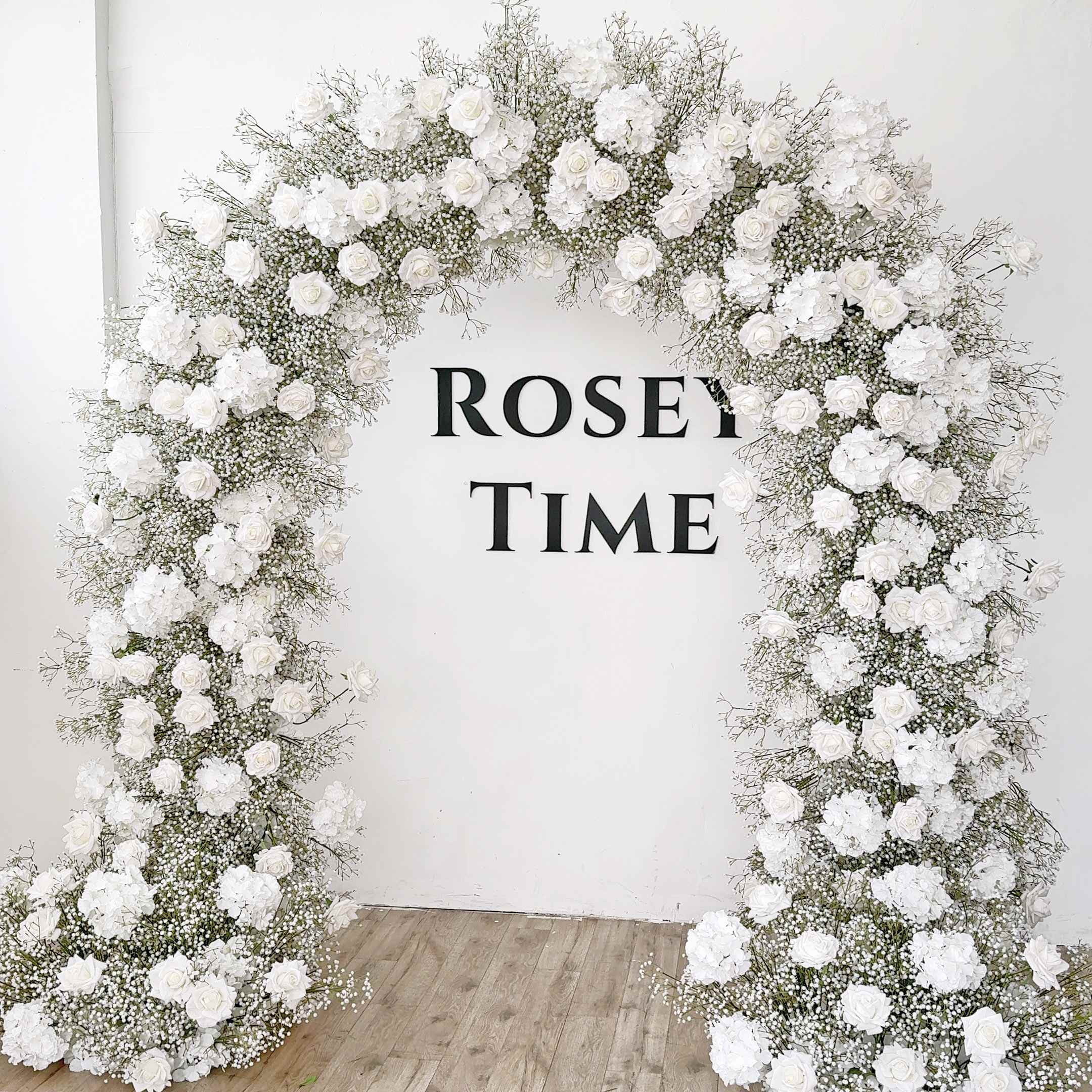RoseyTime White Rose Baby's Breath Flower Arch n-shape Round Arch #RTA385