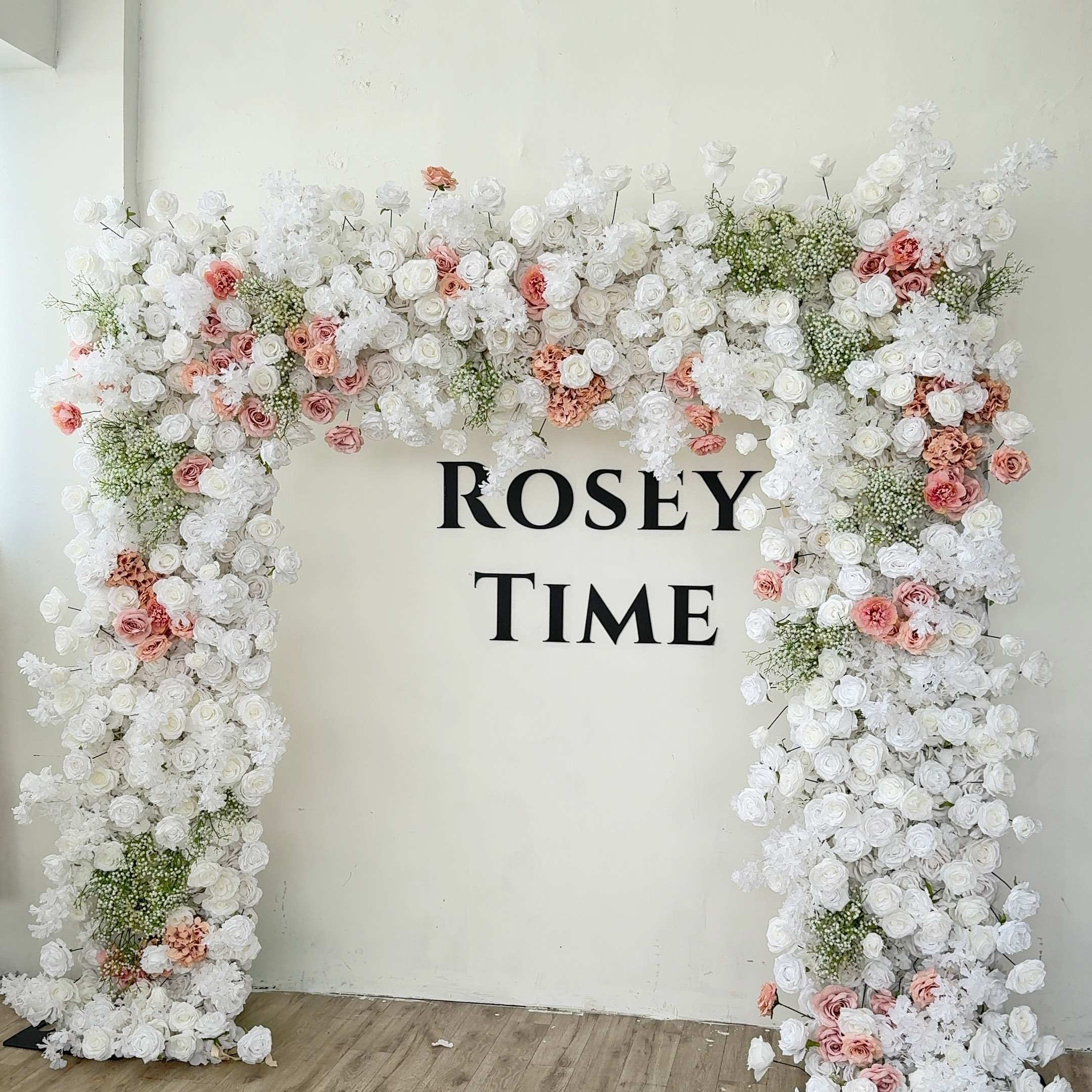 Roseytime White Roses&Baby's Breath Square Flower Arch Fabric Back#RTA358