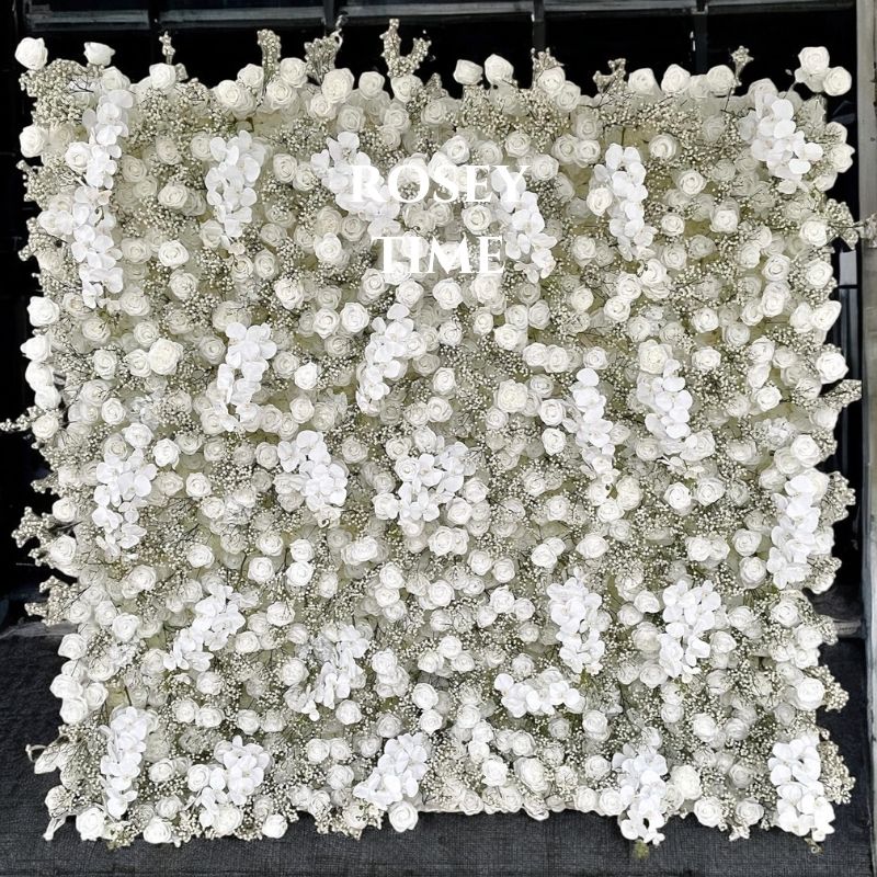 Roseytime 5D Artificial Flower Wall White Baby's Breath Roll Up Fabric Back #RTW120