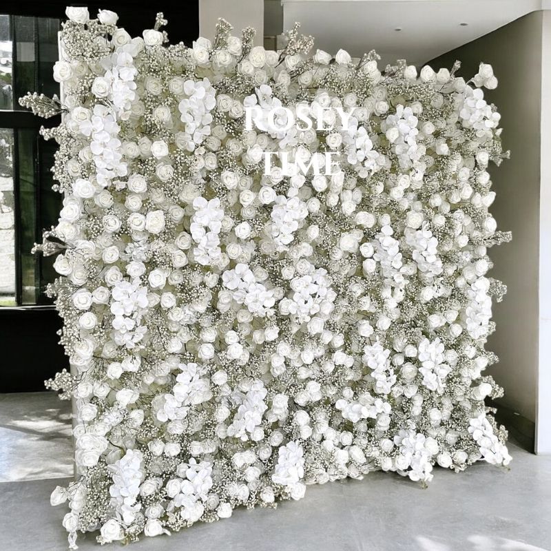 Roseytime 5D Artificial Flower Wall White Baby's Breath Roll Up Fabric Back #RTW120