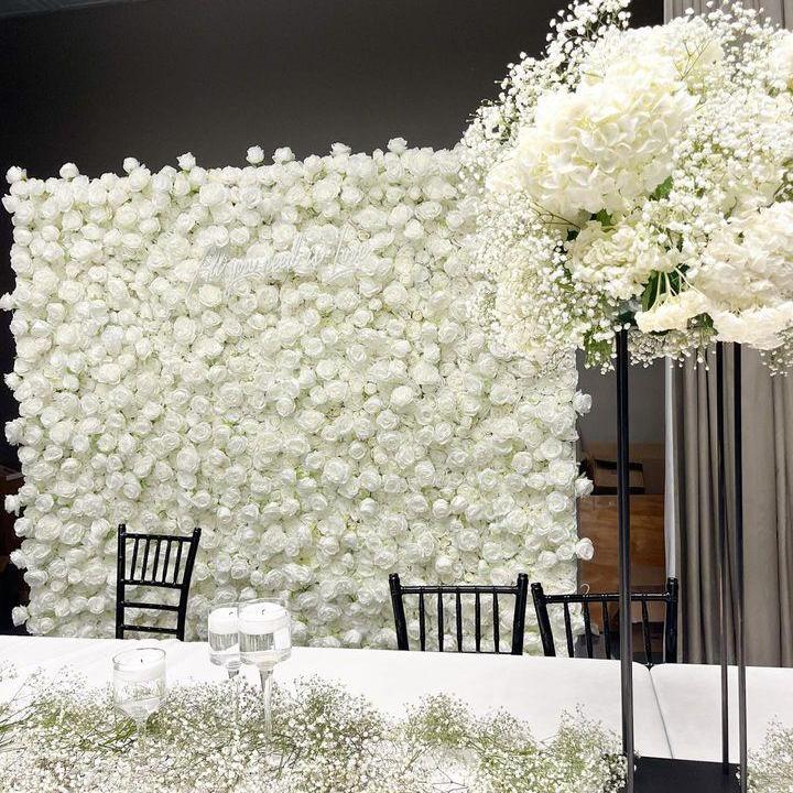 Roseytime 3D Flower Wall White Roses with Austin Roses Roll Up Fabric Back #RTW178