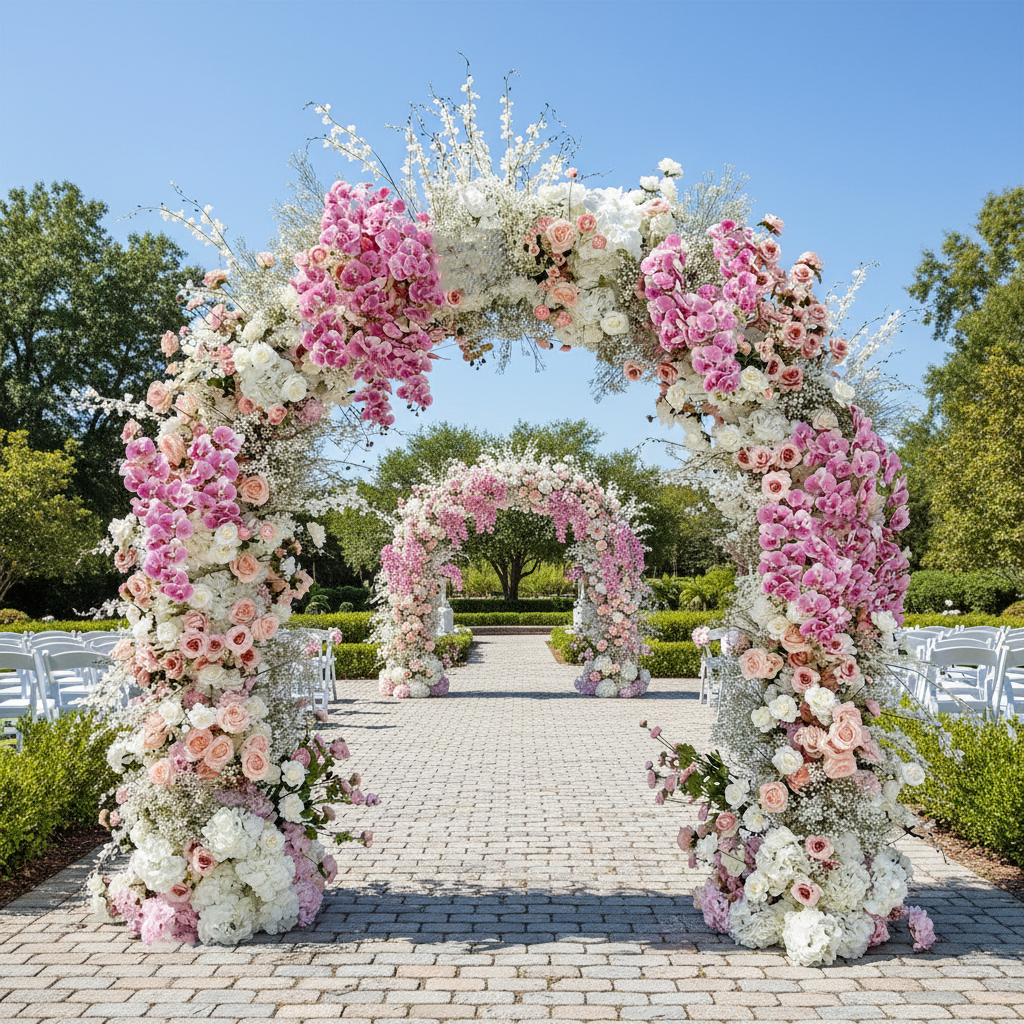 RoseyTime White&Pink Flower Arch n-shape Round Arch #RTA156