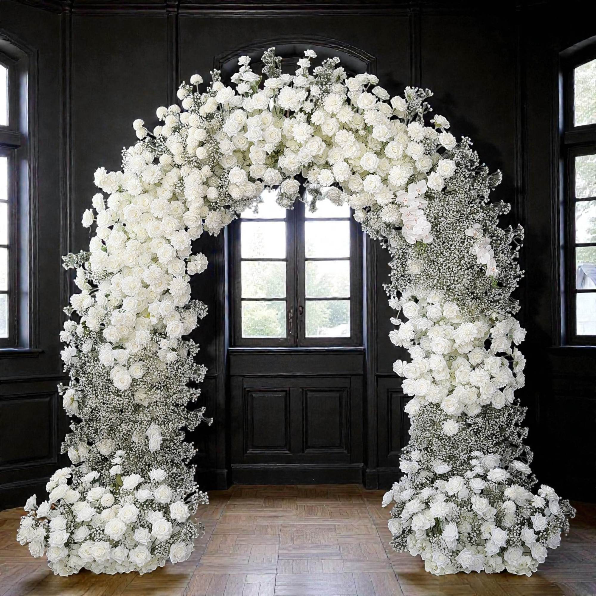 RoseyTime White Roses&Baby's Breath Flower Arch n-shape Round Arch #RTA151