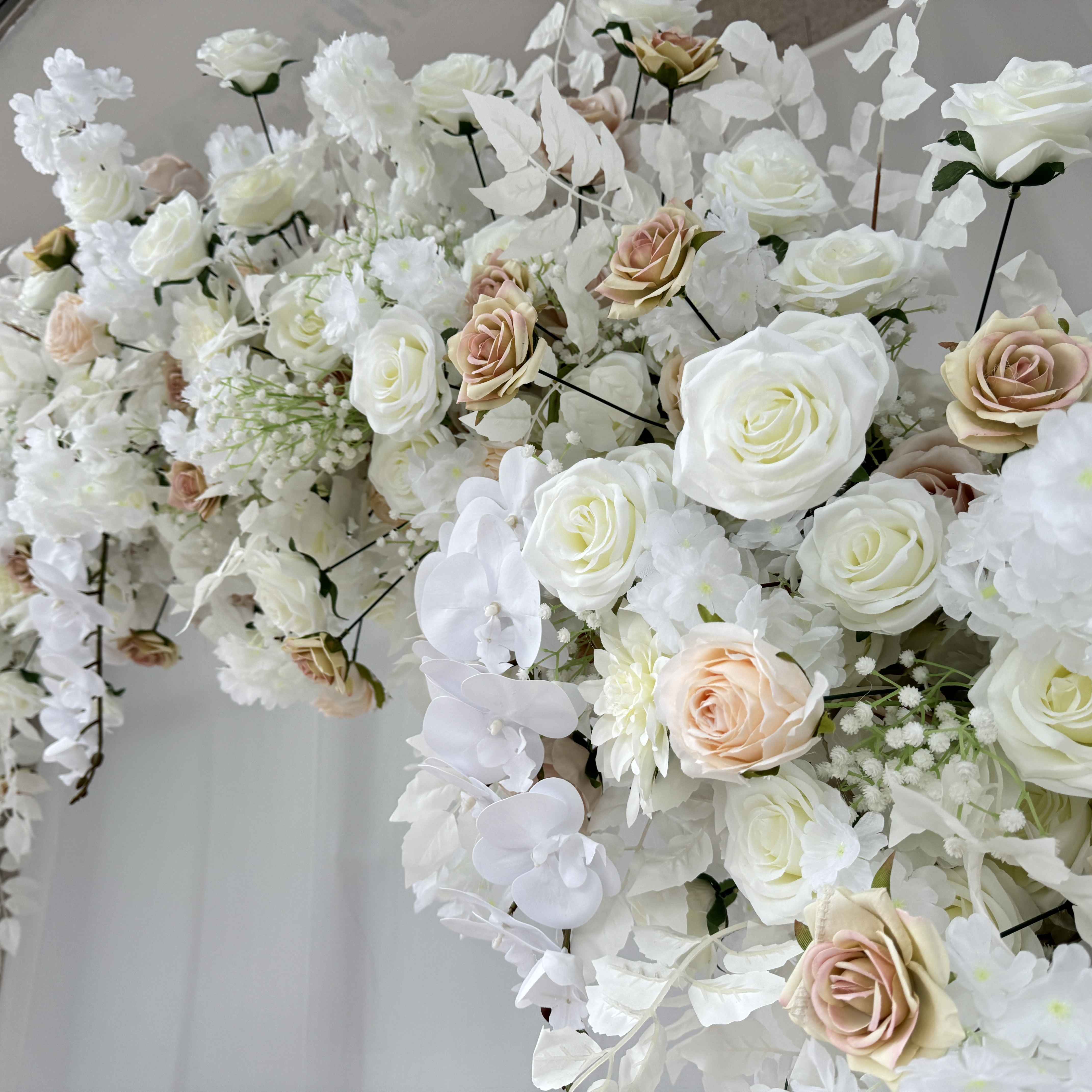 💥BF-Sale: White Artificial Flower Round Arch Fabric Back 8ftx8ft #RTA053